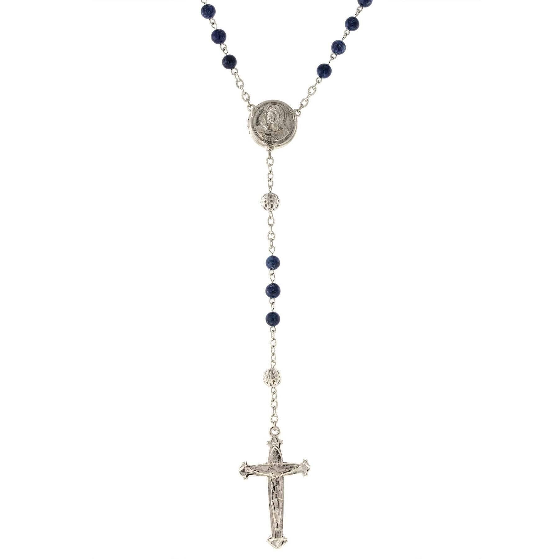 1928 Vintage Beaded Crucifix Necklace with Mary Locket - Catholic Rosary Jewelry for Women - Perfect for Prayer, First Communion & Religious Gifts