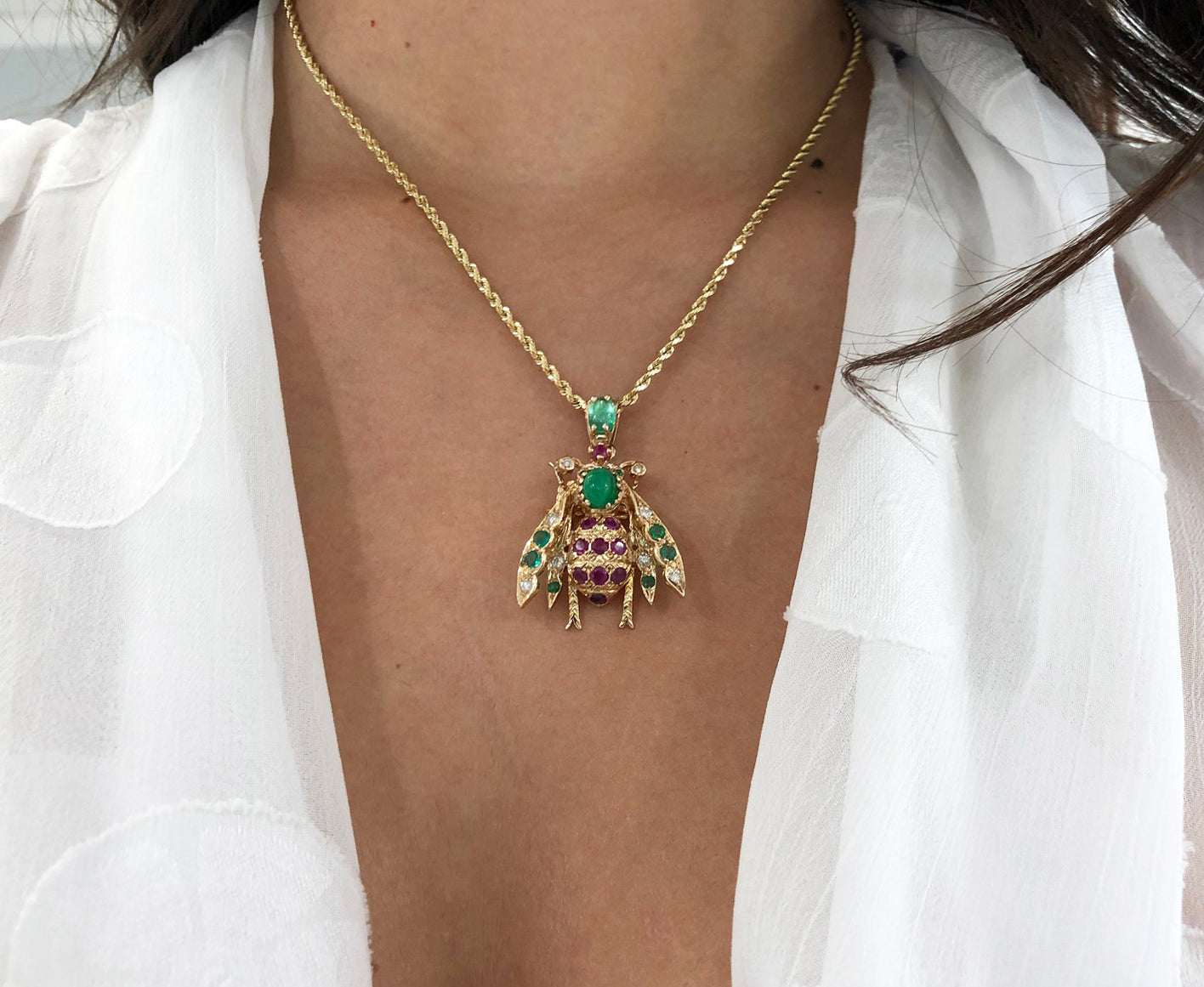 4.14tcw Genuine Emerald Ruby Diamond Bug Bee Insect Pendant in 14K Gold - Elegant Jewelry for Women, Perfect Gift for Birthdays & Anniversaries