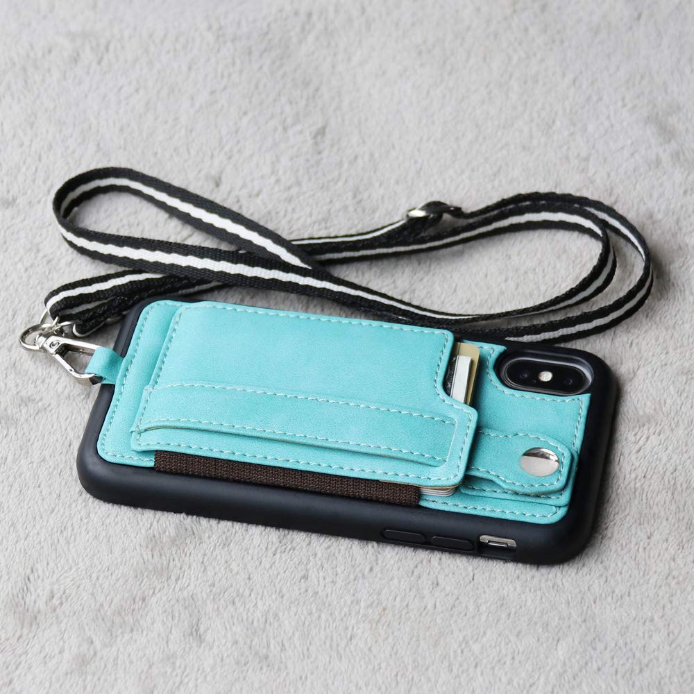TOOVREN iPhone X/Xs/10 Wallet Case with Card Holder, Detachable Lanyard & Kickstand - PU Leather Protective Phone Cover for Women & Men | Perfect for Travel, Shopping & Daily Anti-Theft Protection (Aqua)