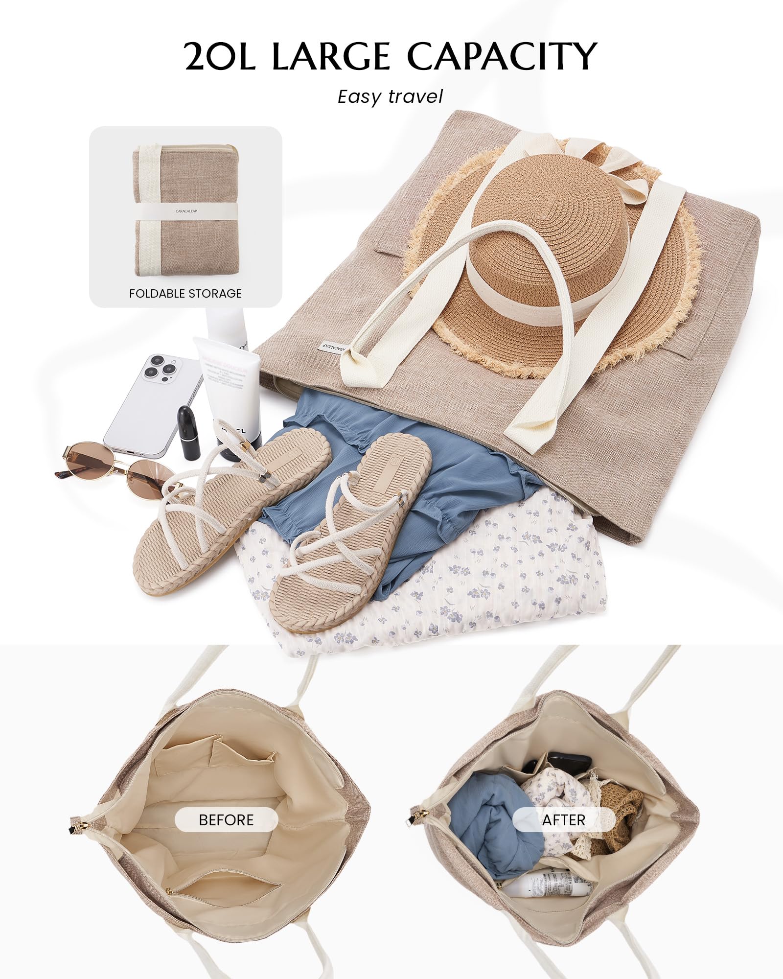 Large Waterproof Beach Tote Bag with Zipper - Stylish Travel Tote for Women | Sun Hat Holder & Spacious Design | Perfect for Summer Vacations, Pool Parties & Boho Beach Outings