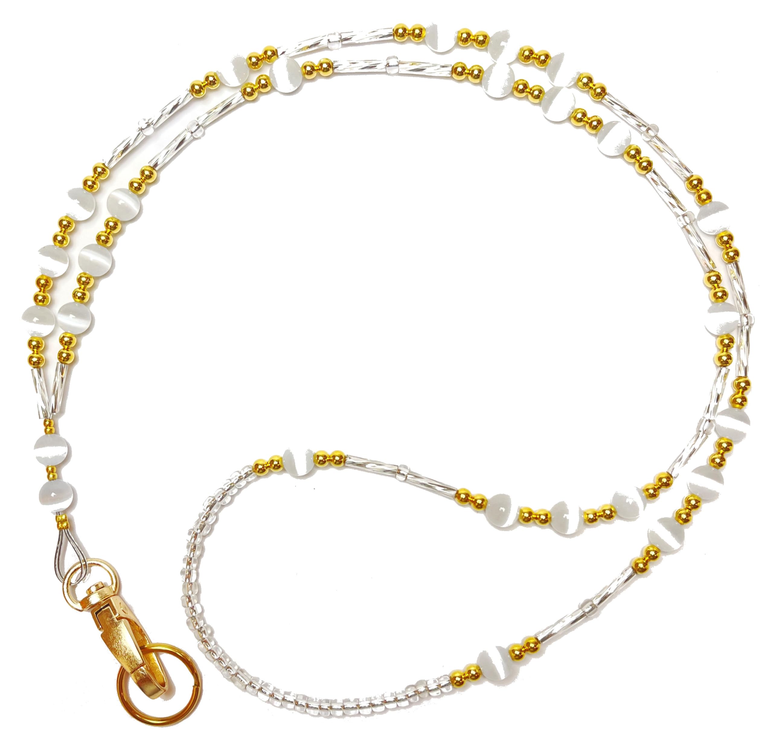 Stylish Women's Gold & White Beaded Lanyard for ID Badges, Cards, Keys & Phone - Perfect for Teachers, Nurses, Cruises & Office Use