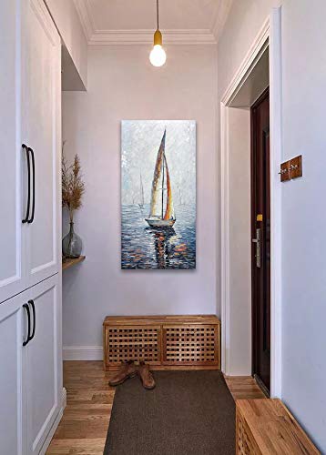 24x48 Inch Modern Abstract Hand Painted Oil Painting - Sailing Boat on Sea Acrylic Canvas Wall Art for Living Room & Bedroom | Home Decor | Perfect for Coastal & Nautical Theme Interiors