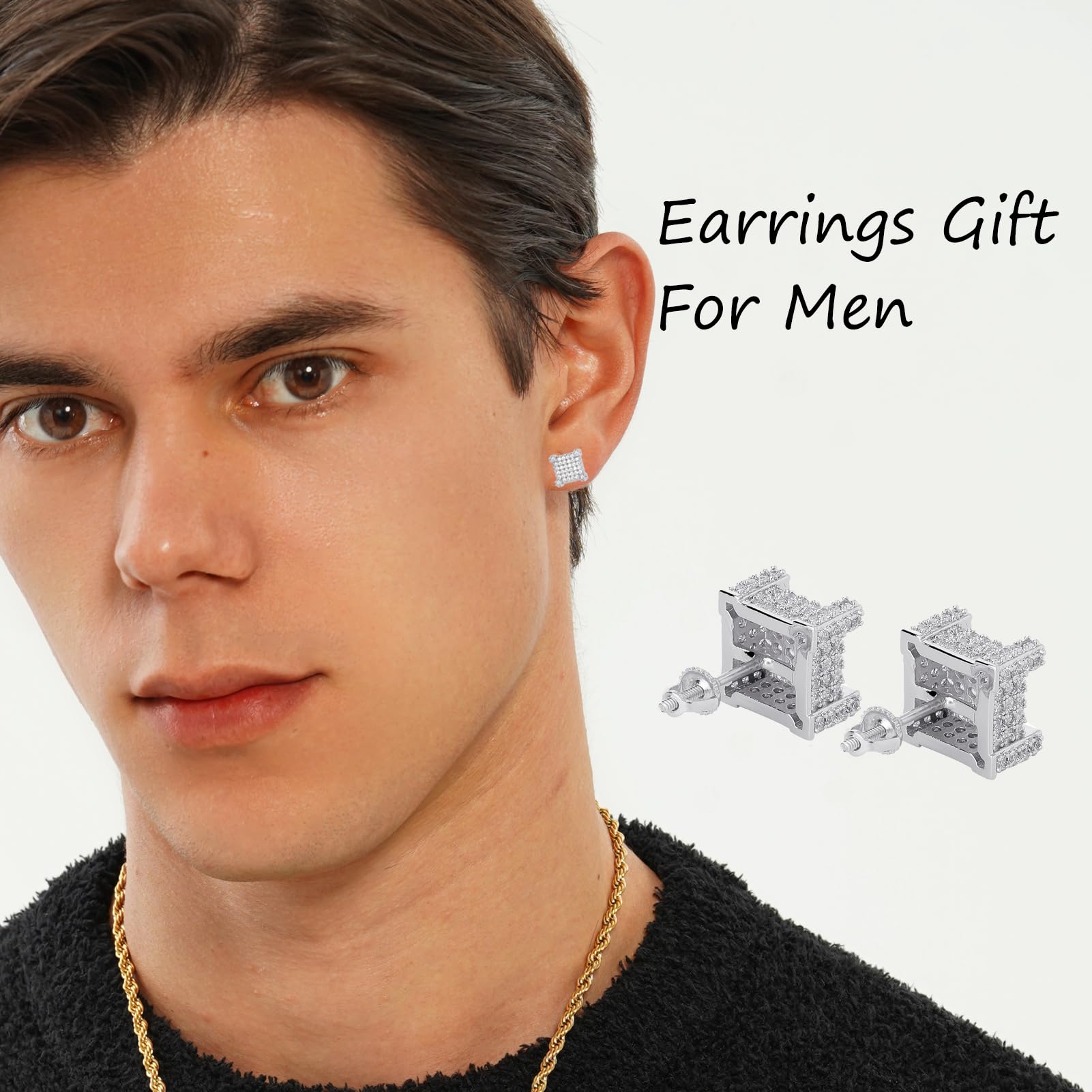 TOPGRILLZ 925 Sterling Silver Square Screw Stud Earrings - 14K Gold Plated 5A+ Cubic Zirconia Iced Out Hypoallergenic Earrings for Men & Women | Perfect for Parties, Weddings & Everyday Luxury