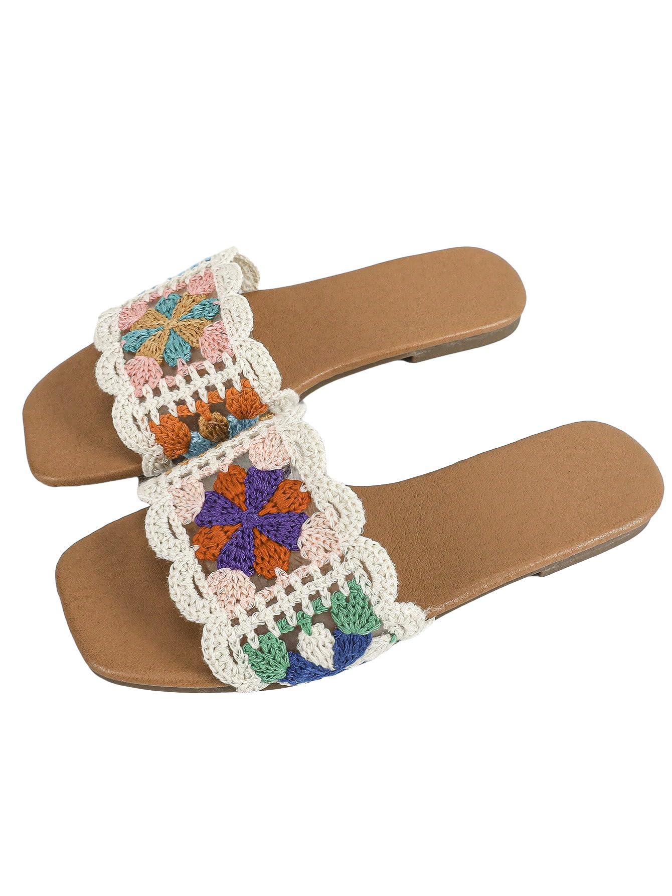GORGLITTER Women's Crochet Flat Sandals | Slip-On Open Toe Slides | Colorblock Scallop Trim | Summer Beach & Boho Fashion