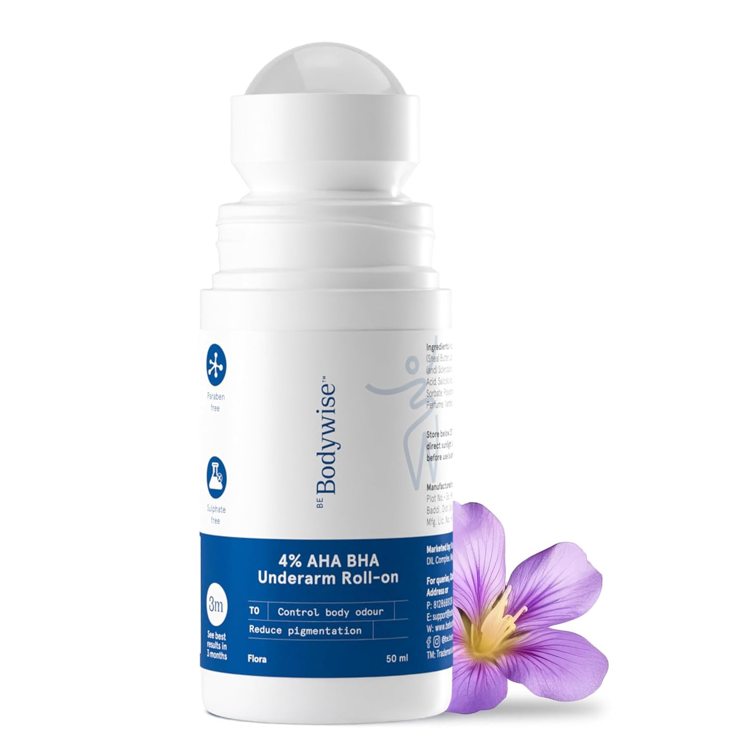 B'odywise 4% AHA BHA Underarm Roll On with 2% Lactic Acid & 1% Mandelic Acid - Natural Deodorant for Odor Prevention, Dark Underarm Treatment, Brightening & Exfoliating - Alcohol-Free, Aluminum-Free, Floral Scent (1.69 Fl Oz) | Perfect for Daily Use, Gym, Travel & Sensitive Skin Care