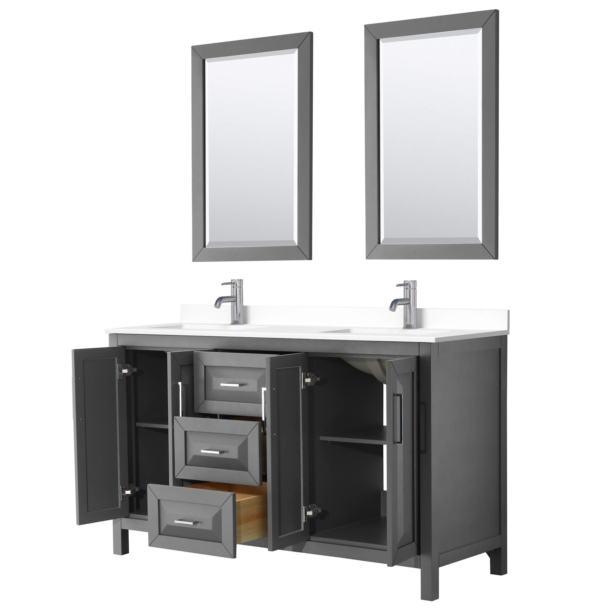 60 Inch Double Bathroom Vanity with White Cultured Marble Countertop - Dark Gray Modern Vanity Set with Undermount Square Sinks & 24 Inch Mirrors for Master Bathroom Remodeling & Home Upgrade