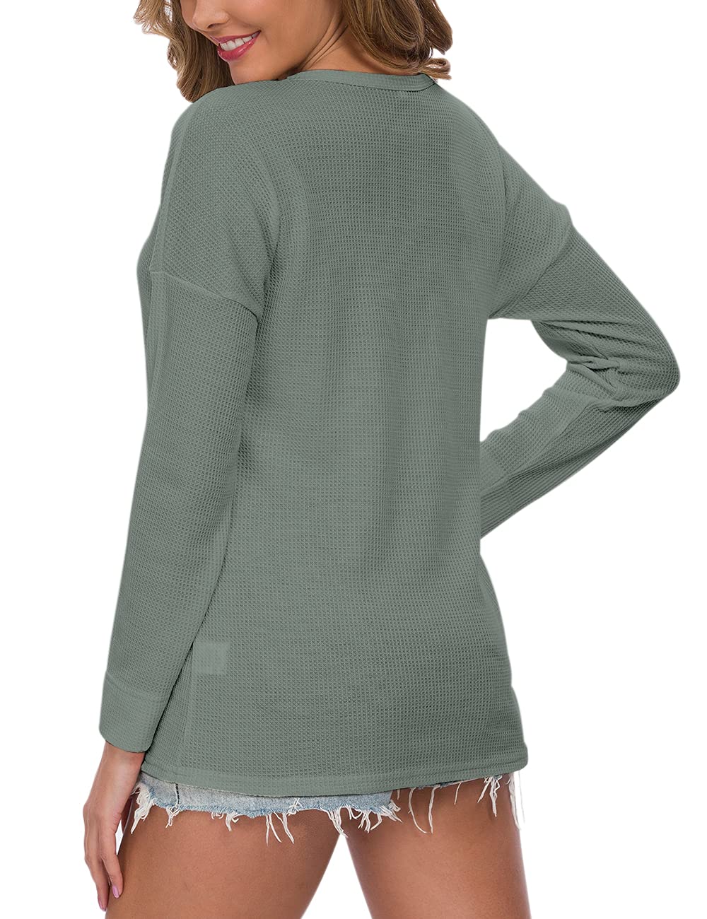 WNEEDU Women's Waffle Knit Tunic Top - Loose Fit Long Sleeve Button Up V-Neck Henley Shirt for Casual Wear & Layering | Fall Winter Fashion Essential