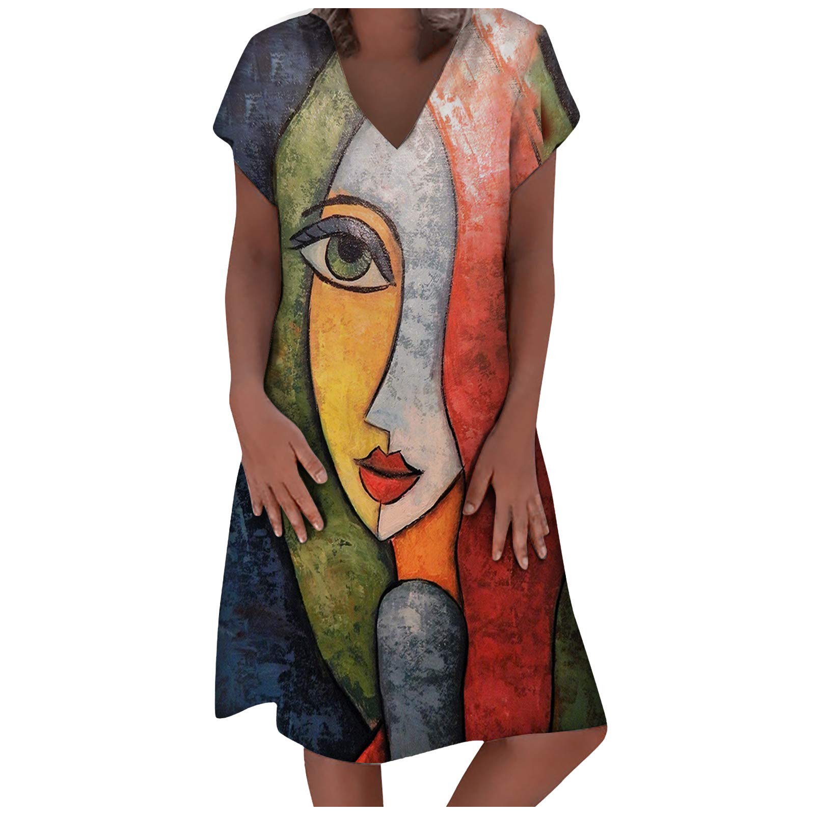 Women's Summer Dresses - Flowy Abstract Print V-Neck Short Sleeve Maxi Dress in Plus Sizes | Perfect for Beach Vacations, Date Nights & Summer Parties