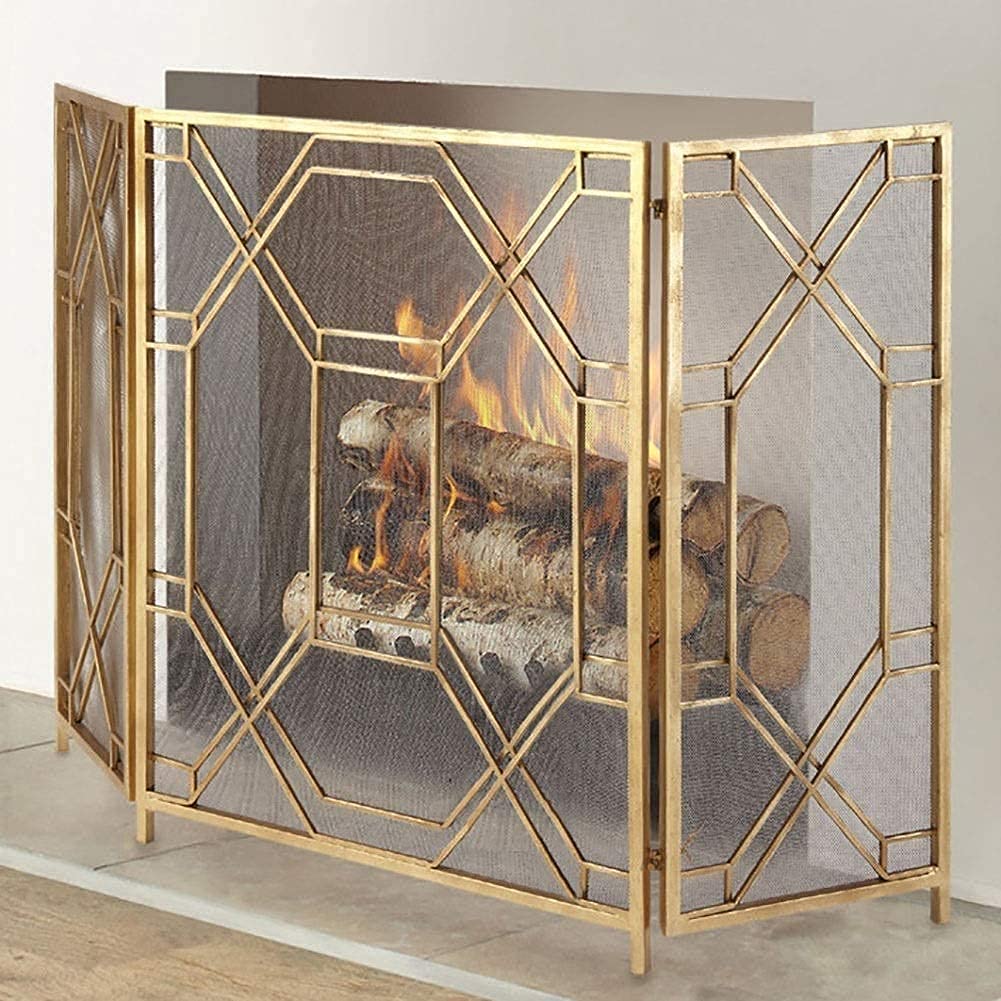 3-Panel Foldable Wrought Iron Fireplace Screen - Gold Metal Mesh Spark Guard for Fireplace Safety | Protects Babies, Pets & Children | Decorative Fireplace Fence for Living Room, Bedroom & Outdoor Use