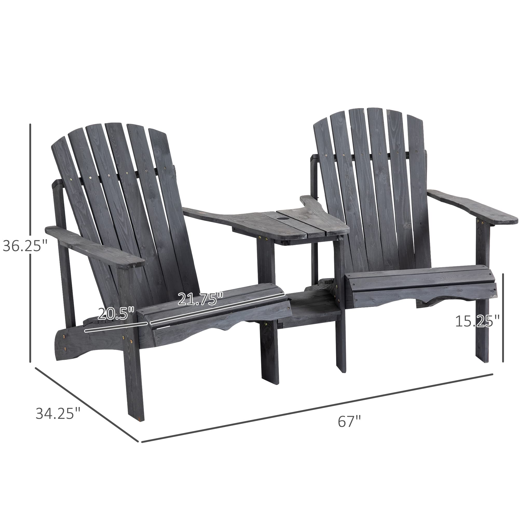 Outsunny 2-Person Wooden Adirondack Chairs Set with Fire Pit Table & Umbrella Hole - Gray Outdoor Patio Furniture for Deck, Lawn, Poolside & Backyard Relaxation