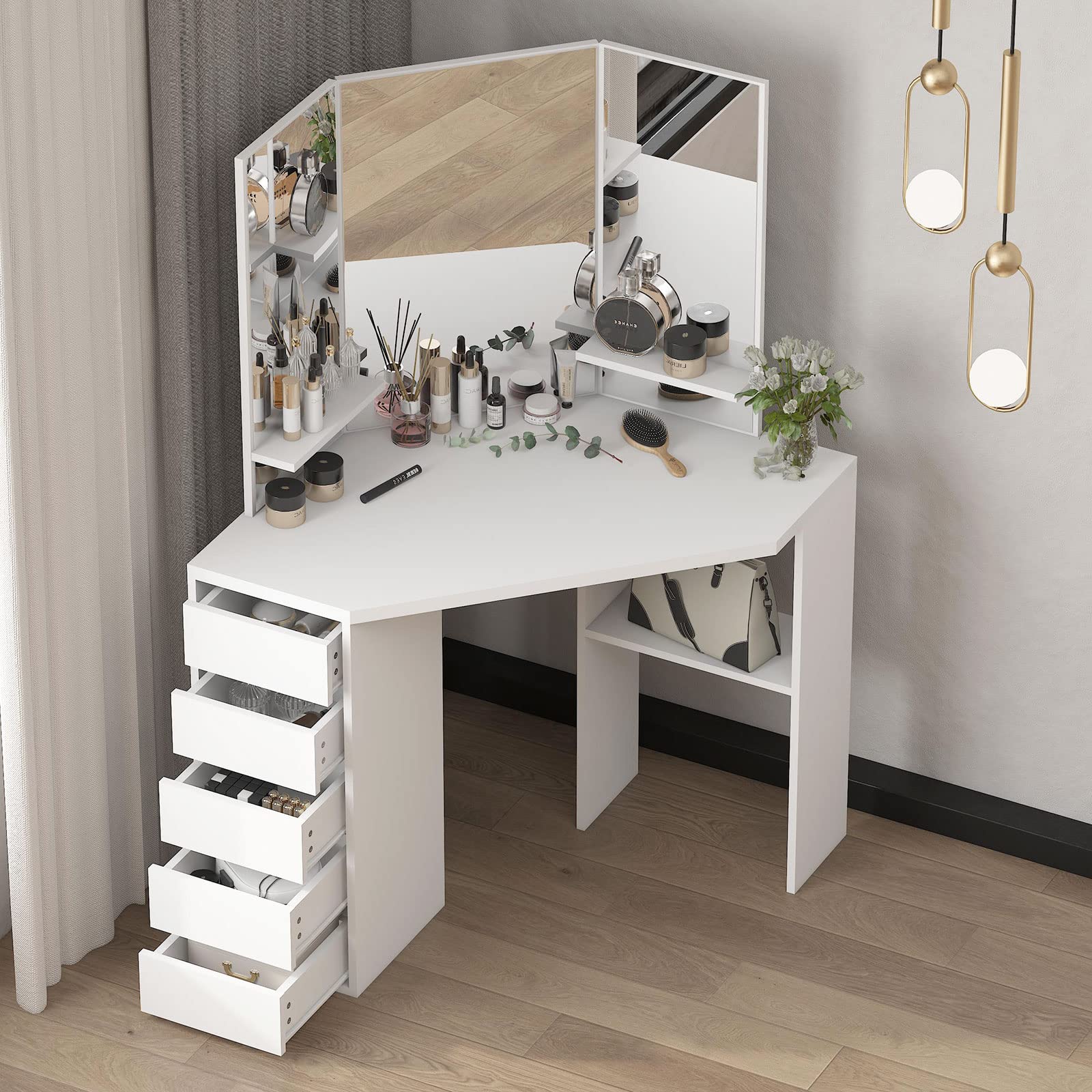 Vanity Makeup Table with 3-Fold Mirror & 5 Drawers - White Dressing Desk for Bedroom, Compact Vanity Set with Storage Shelves for Women & Girls | Perfect for Makeup, Skincare & Jewelry Organization