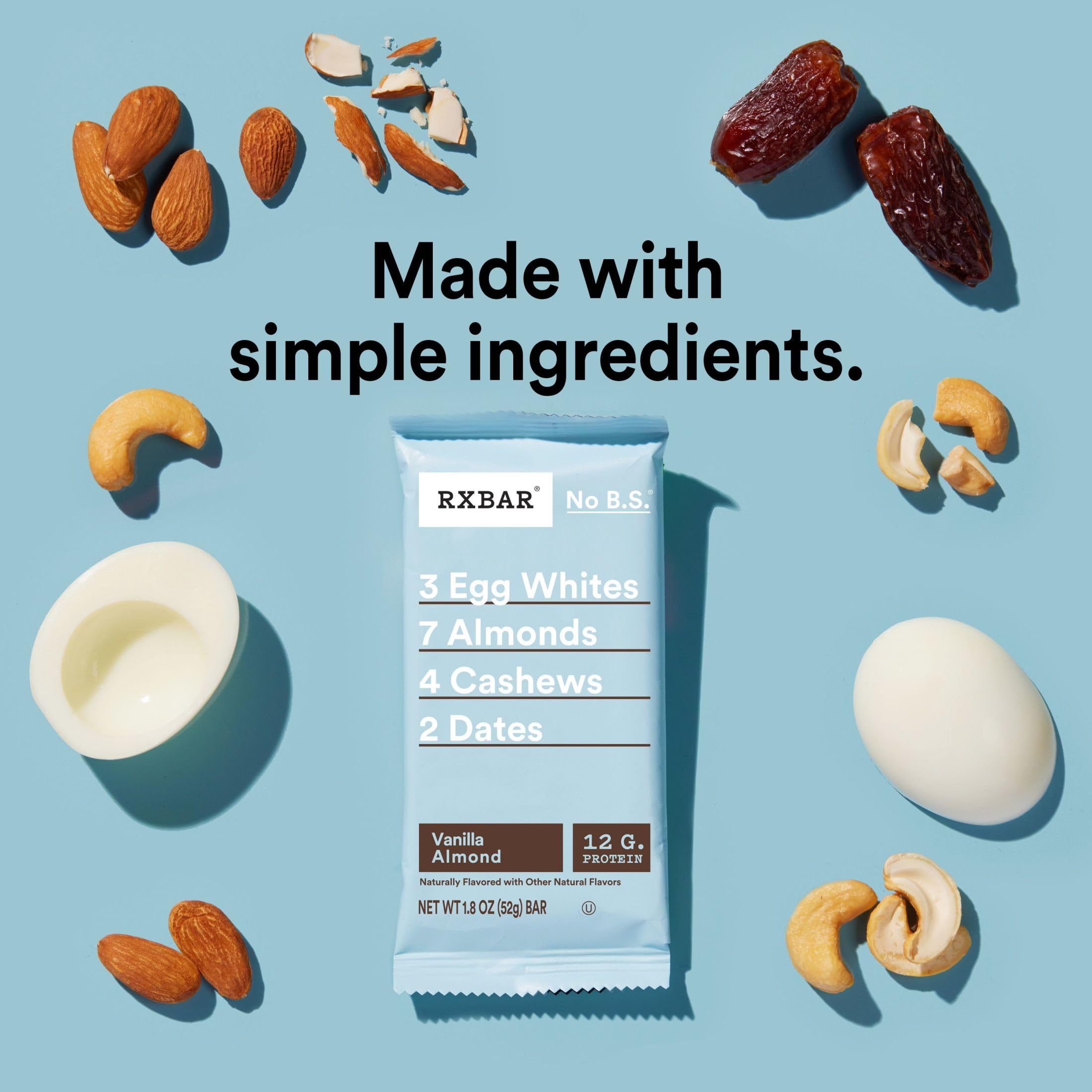 RXBAR Protein Bars - Vanilla Almond Flavor, 12 Pack (22oz) | High Protein Snack Bars for Workout Recovery, Healthy On-the-Go Breakfast & Travel Snacks | Gluten Free, No Added Sugar, Whole Food Ingredients