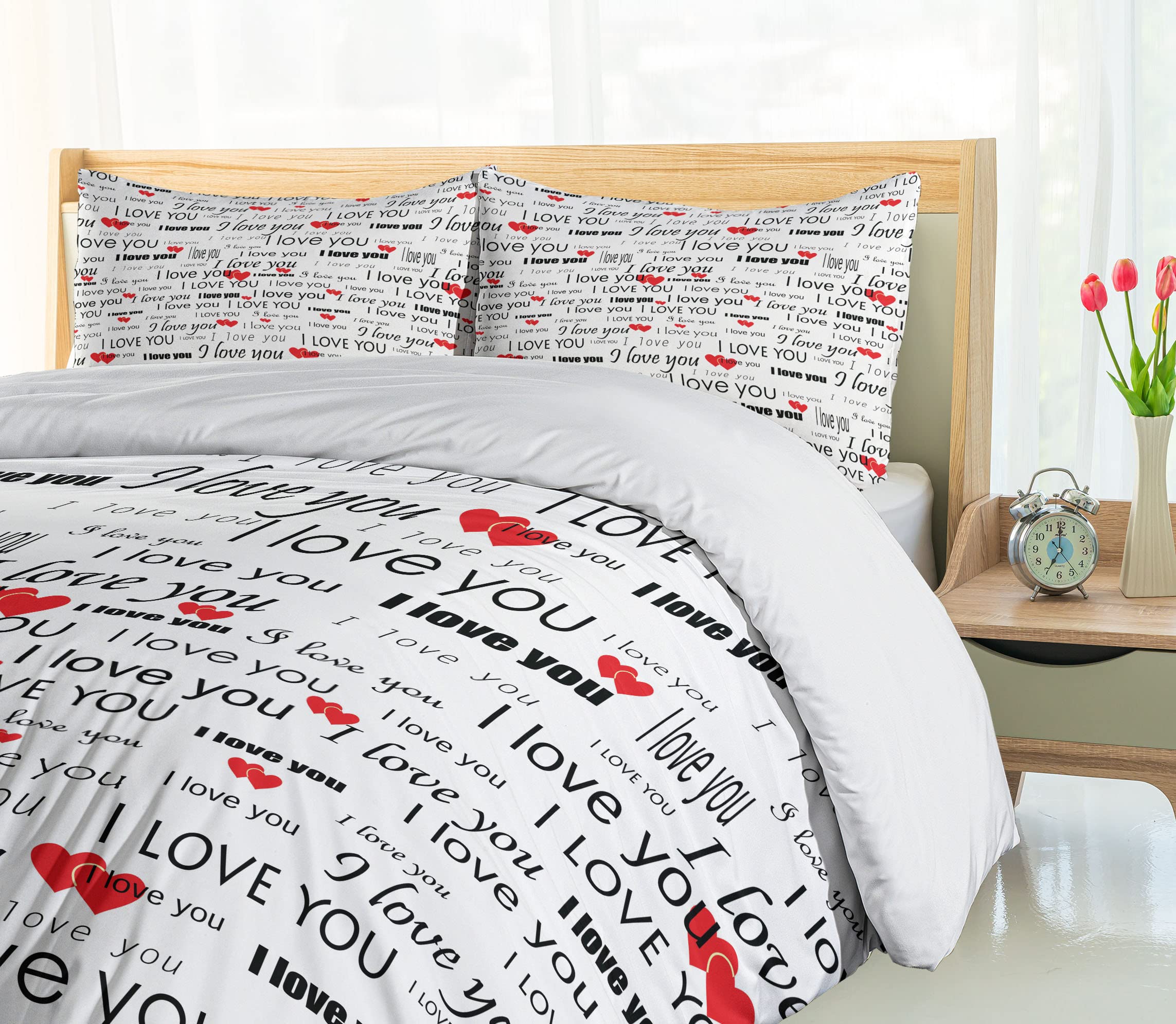 Ambesonne Romantic Duvet Cover Set - 'I Love You' Hearts Design for Couples | Valentine's Day Bedding | 3-Piece California King Set with 2 Pillow Shams in Vermilion, Black & White | Perfect for Anniversary Gifts, Wedding Decor & Cozy Bedroom Makeovers