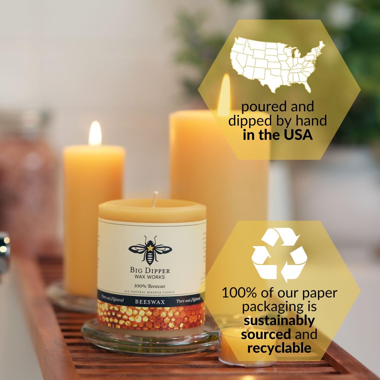 Big Dipper Wax Works Pure Beeswax Pillar Candle - 60-Hour Long Burn, 3