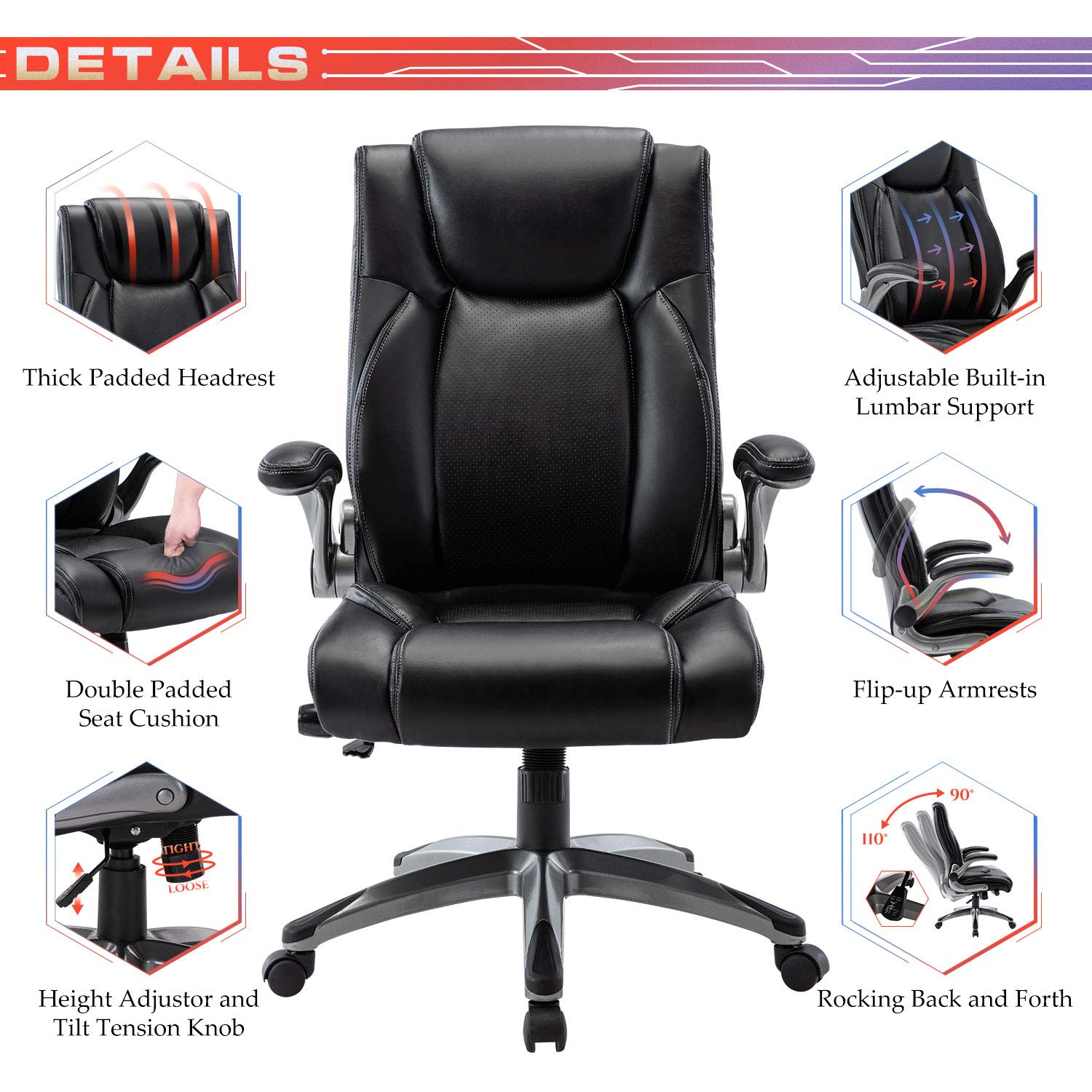COLAMY Ergonomic High Back Office Chair with Flip-Up Arms - Adjustable Executive Desk Chair with Built-in Lumbar Support - Bonded Leather Computer Chair for Home, School & Office - Perfect for Long Work Hours, Gaming & Remote Work