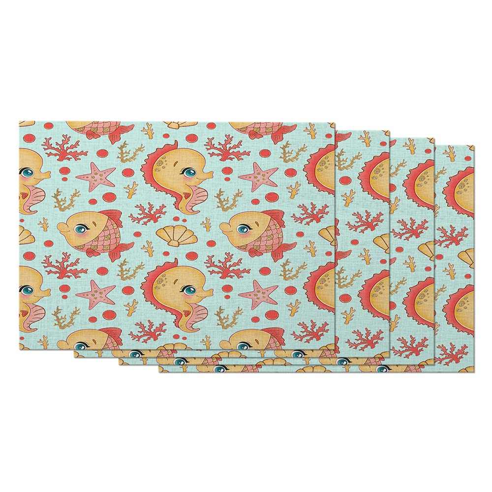 AOYEGO Set of 4 Marine Animal Placemats - 12x18 Inch Cotton Linen Table Mats with Seahorse, Fish, Coral & Star Designs for Dining Table Decor | Perfect for Kids Meals, Beach House Dining & Ocean Theme Parties