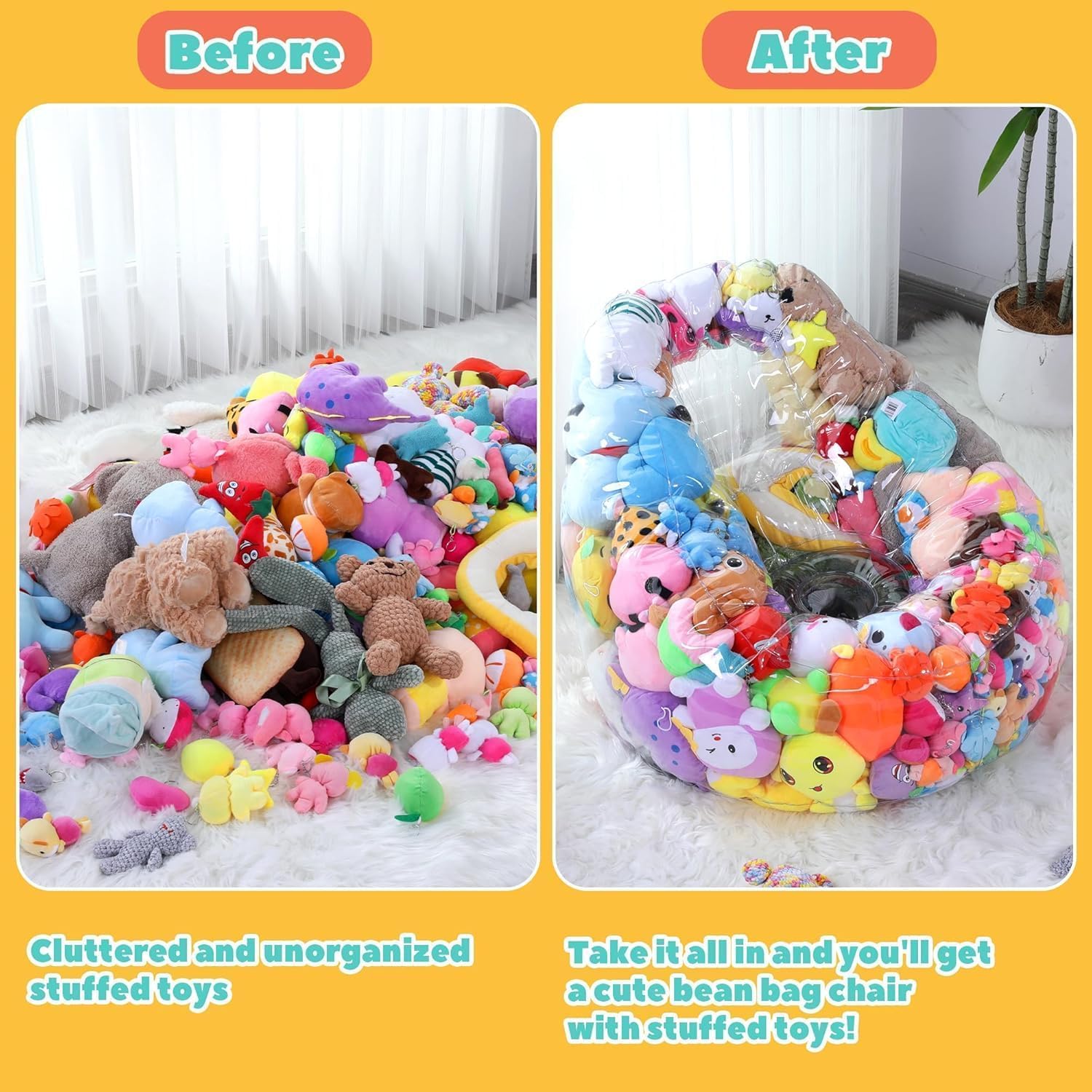 HOMBYS Clear Waterproof Bean Bag Chair Cover for Kids - Extra Large Stuffed Animal Storage Organizer with Zipper, Easy to Clean - Perfect for Playrooms, Bedrooms & Toy Organization