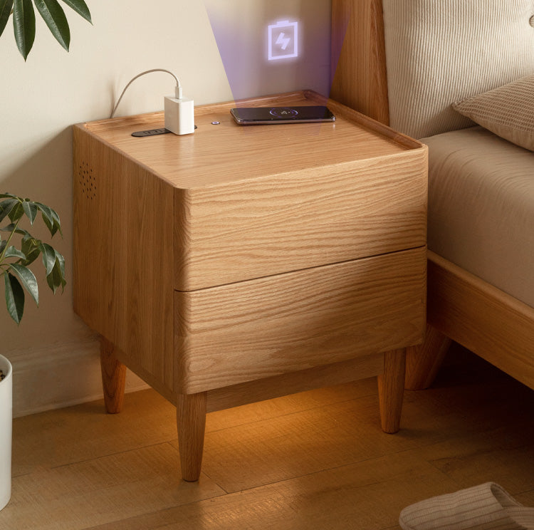 Oak Solid Wood Smart Nightstand with Wireless Charger, USB Ports & Built-in Lamp - Perfect for Bedroom, Living Room & Office