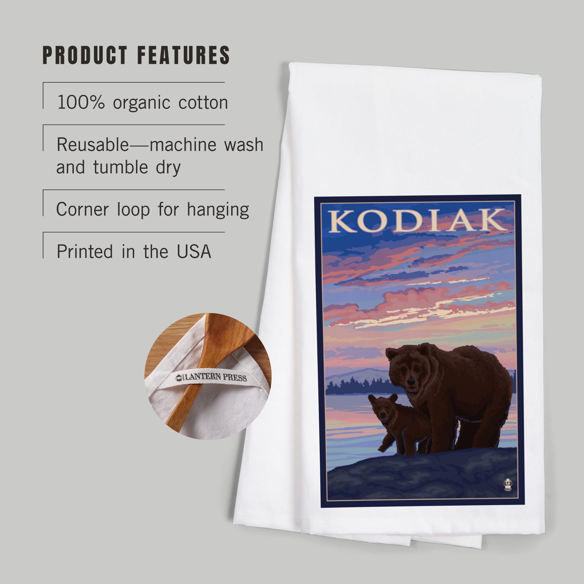 Lantern Press Kodiak Alaska Bear and Cub 100% Cotton Tea Towel - Decorative Hand Towel for Kitchen, Home Decor, Housewarming Gift - Perfect for Drying Dishes, Decorating, and Gifting