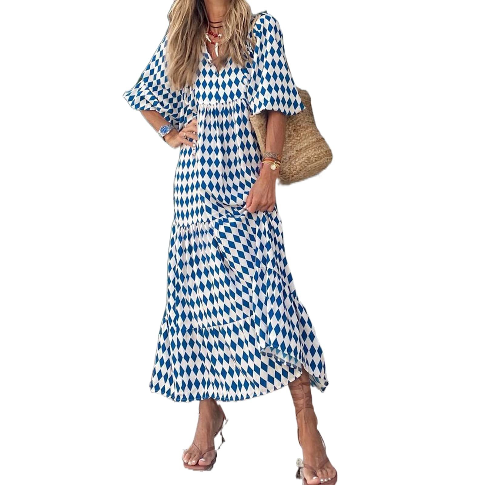 Women's Bohemian Summer Floral Maxi Dress - V-Neck Puff Sleeve Beach Sundress for Vacation, Wedding Guest & Outdoor Parties