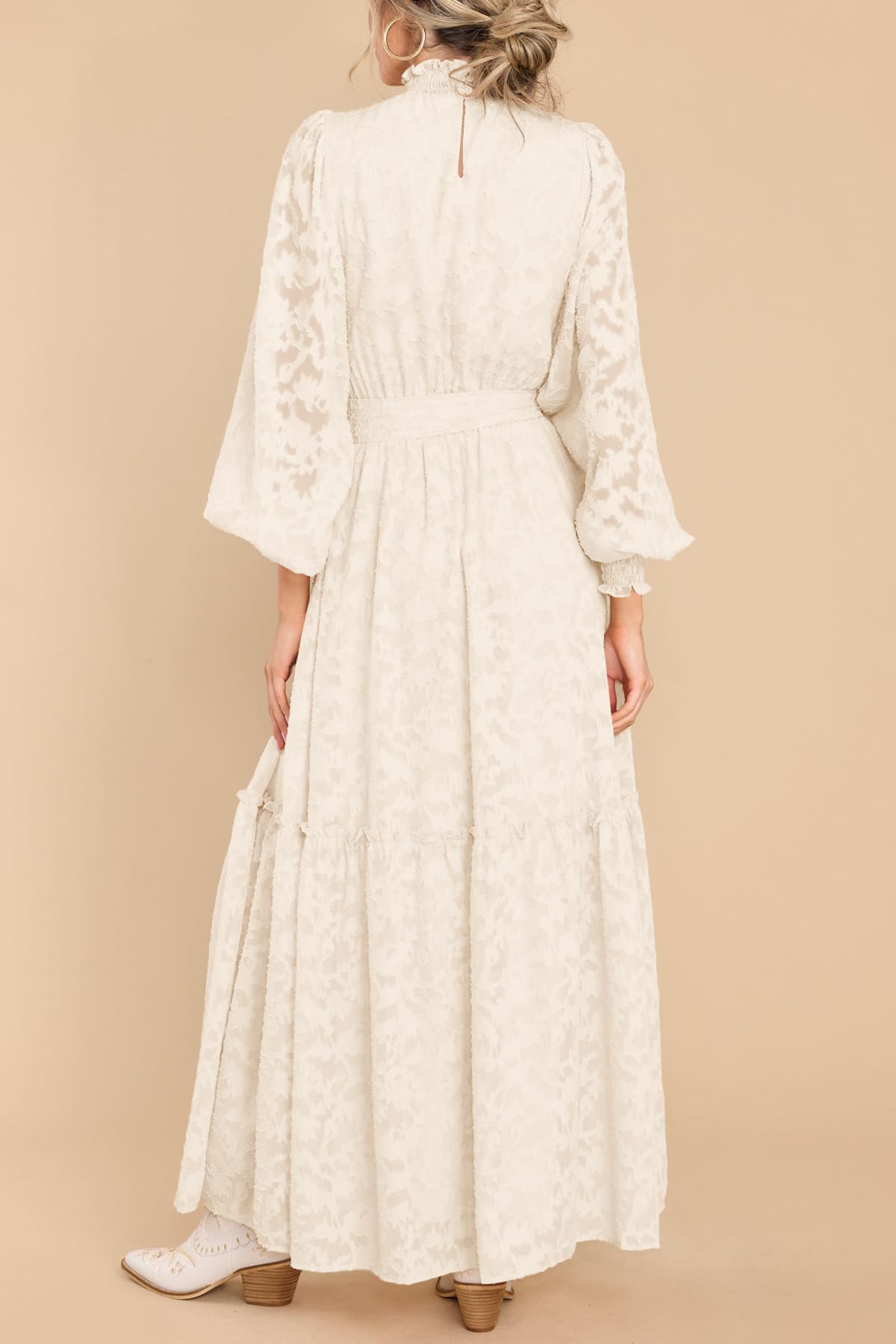 Elegant Floral High Neck Long Sleeve Women's Maxi Dress with Elastic Waist & Belt - MITILLY Formal Fall Dress for Weddings, Parties & Office Wear