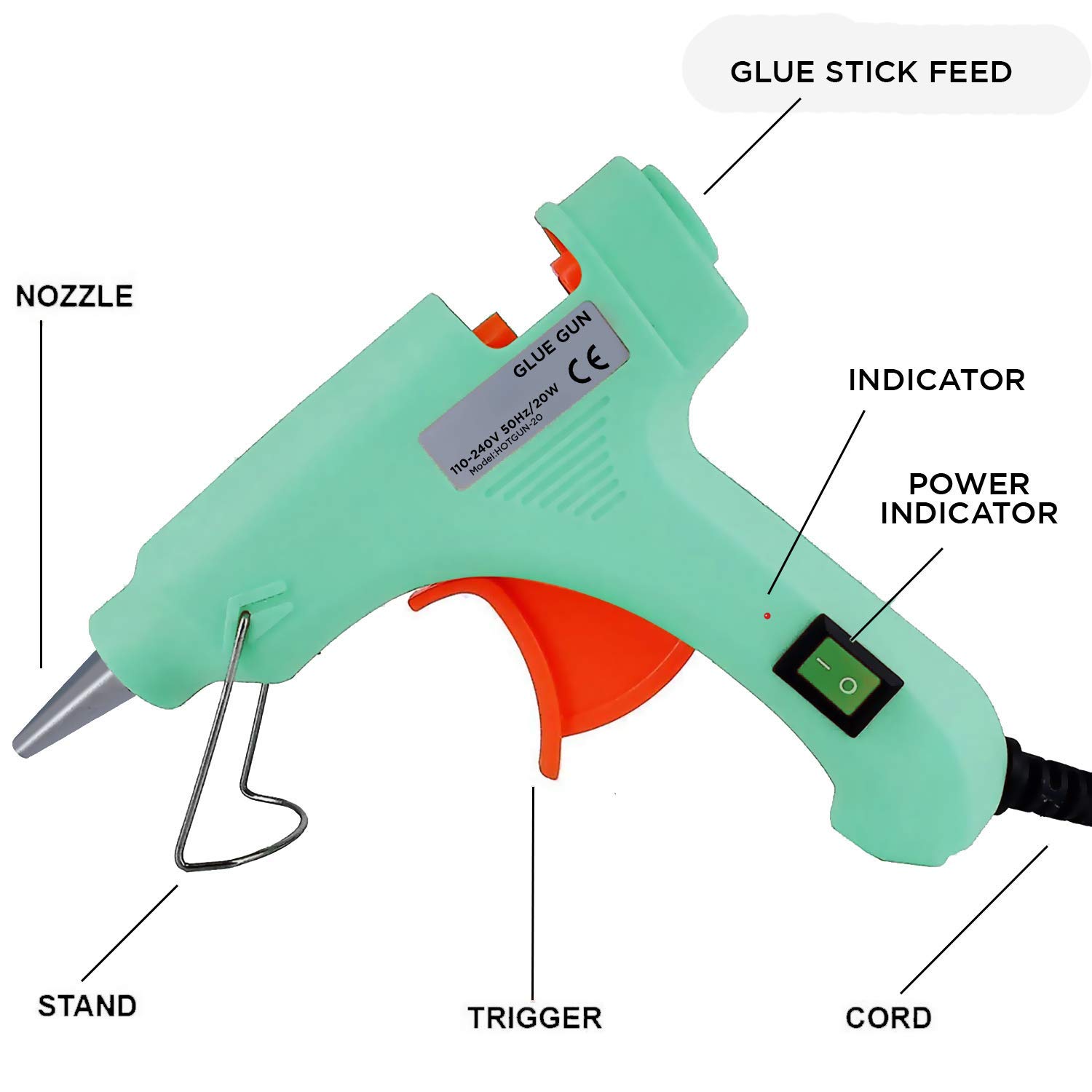 NUTEN 20W High-Temperature Hot Melt Glue Gun with On/Off Switch & LED Light - Includes 5 Free 7mm Glue Sticks (Sky Blue) - Perfect for DIY Crafts, Home Repairs, and School Projects