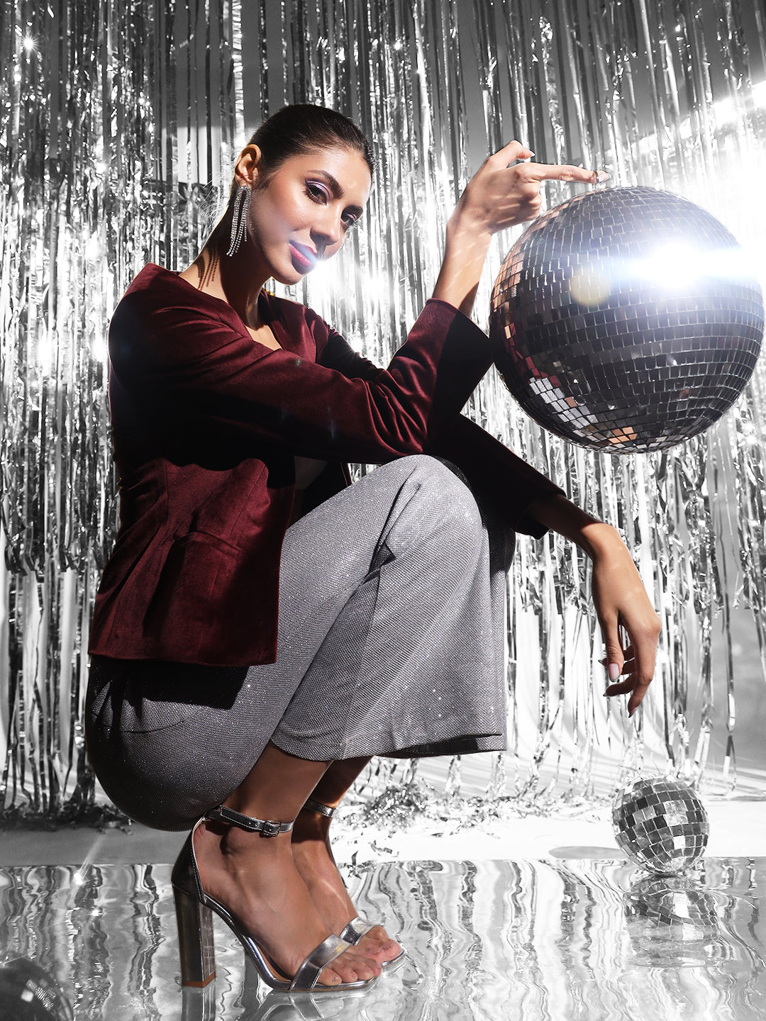 Stylish Short Velvet Collarless Jacket for Women - Elegant Maroon Color | Perfect for Casual Outings, Date Nights & Fall Layering