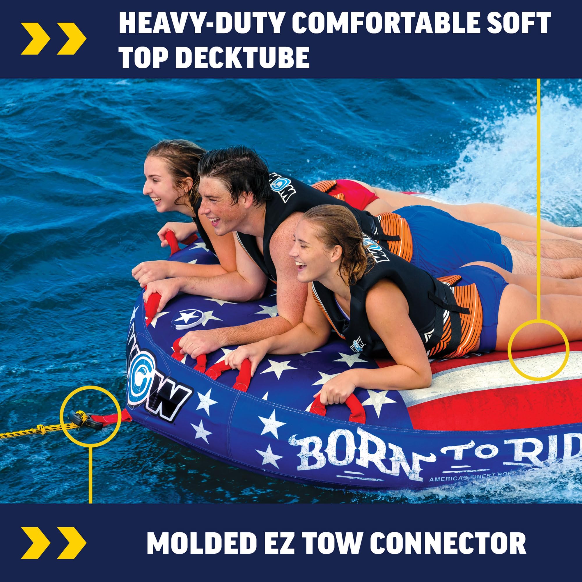WOW Sports Wow Born to Ride 3P Towable Tube - Premium 3-Person Inflatable Water Tube for Boating & Lake Fun - Perfect for Family Outings, Beach Parties & Summer Water Sports