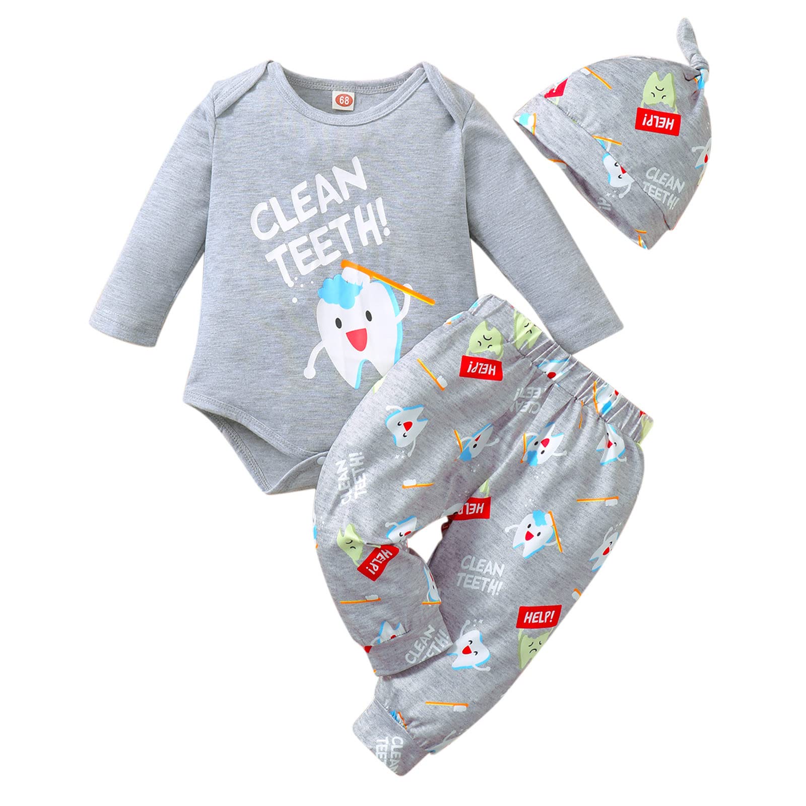 Adorable Baby Romper Set with Teeth Print - Long Sleeve Outfit & Hat for Boys Girls (3-Piece) | Soft Infant Clothes for Playtime, Photo Shoots & Daily Wear