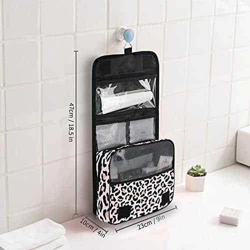 Rose Pink Leopard Print Hanging Toiletry Bag - Waterproof Travel Makeup Organizer with Clear Pockets for Cosmetics & Toiletries | Perfect for Camping, Gym, Business Trips & Vacation Essentials