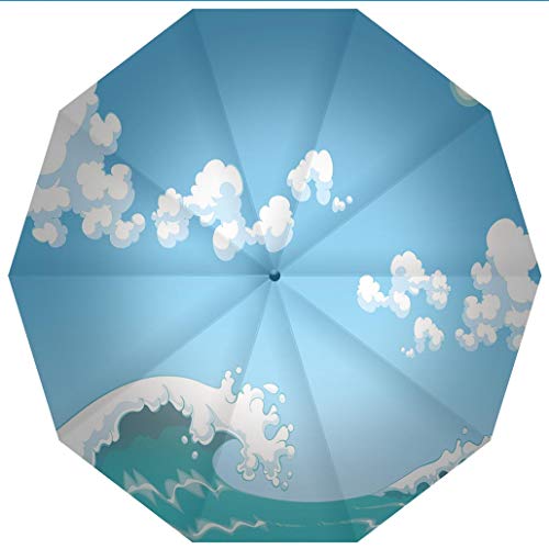 10 Ribs Compact Travel Umbrella with Auto Open/Close - UV Protection, Windproof, Lightweight - Blue Wave Sea & Sky Design - Perfect for Beach, Travel, Commuting & Outdoor Activities