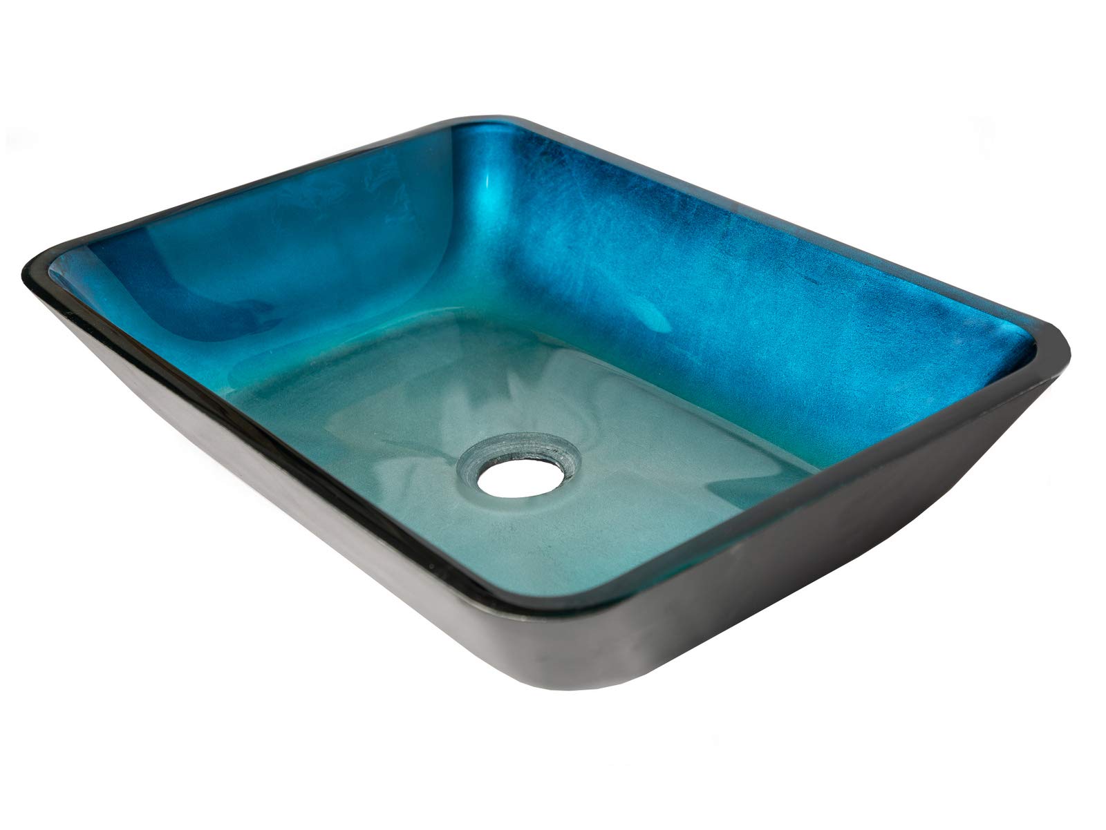 Modern Rectangular Turquoise Blue Foil Glass Vessel Bathroom Sink with Black Exterior - Perfect for Contemporary Vanities, Powder Rooms, and Luxury Home Decor