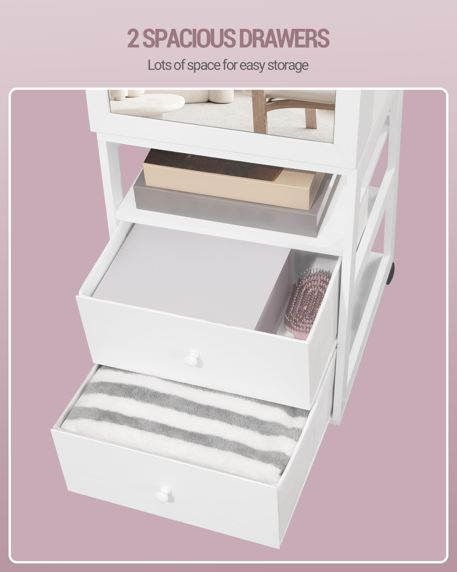 Lockable Jewelry Organizer Mirror Cabinet with Lights & Wheels - 360° Swivel, 2 Drawers for Women's Jewelry Storage - Bedroom/Bathroom Use