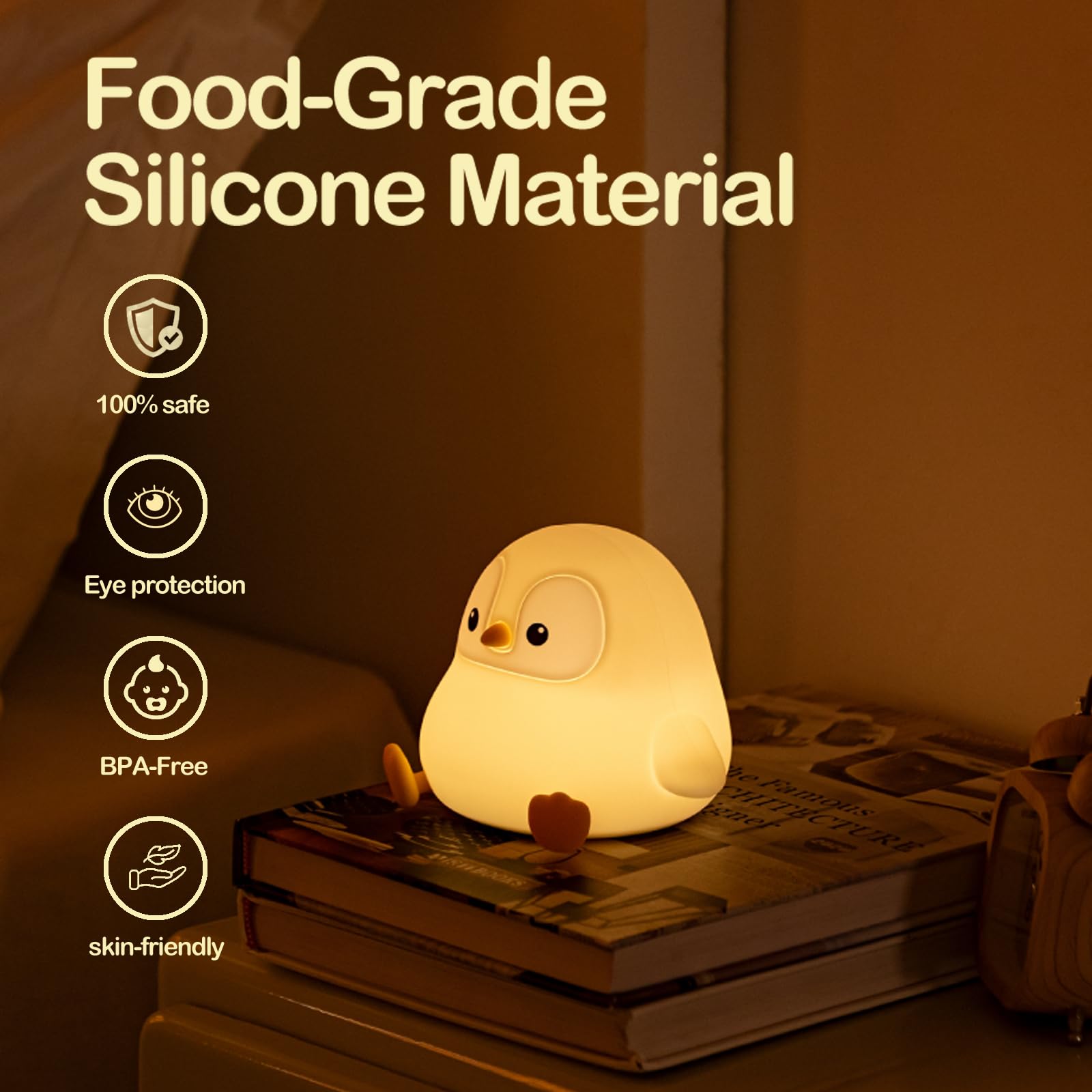 ATSUI Penguin Night Light - LED Squishy Animal Night Lamp with 2-Level Dimmable Brightness, Food Grade Silicone Safe for Kids | Cute Nursery Nightlight for Baby Room, Desk Decor & Funny Gift for Boys Girls | Perfect for Bedtime, Reading Nook & White Elephant Gifts