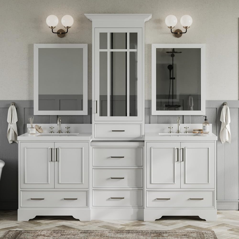 ARIEL White Double Sink Bathroom Vanity Set with Pure White Quartz Countertop - 5 Soft Closing Doors & 6 Full Extension Dovetail Drawers | Perfect for Master Bathroom Renovation and Modern Home Upgrade