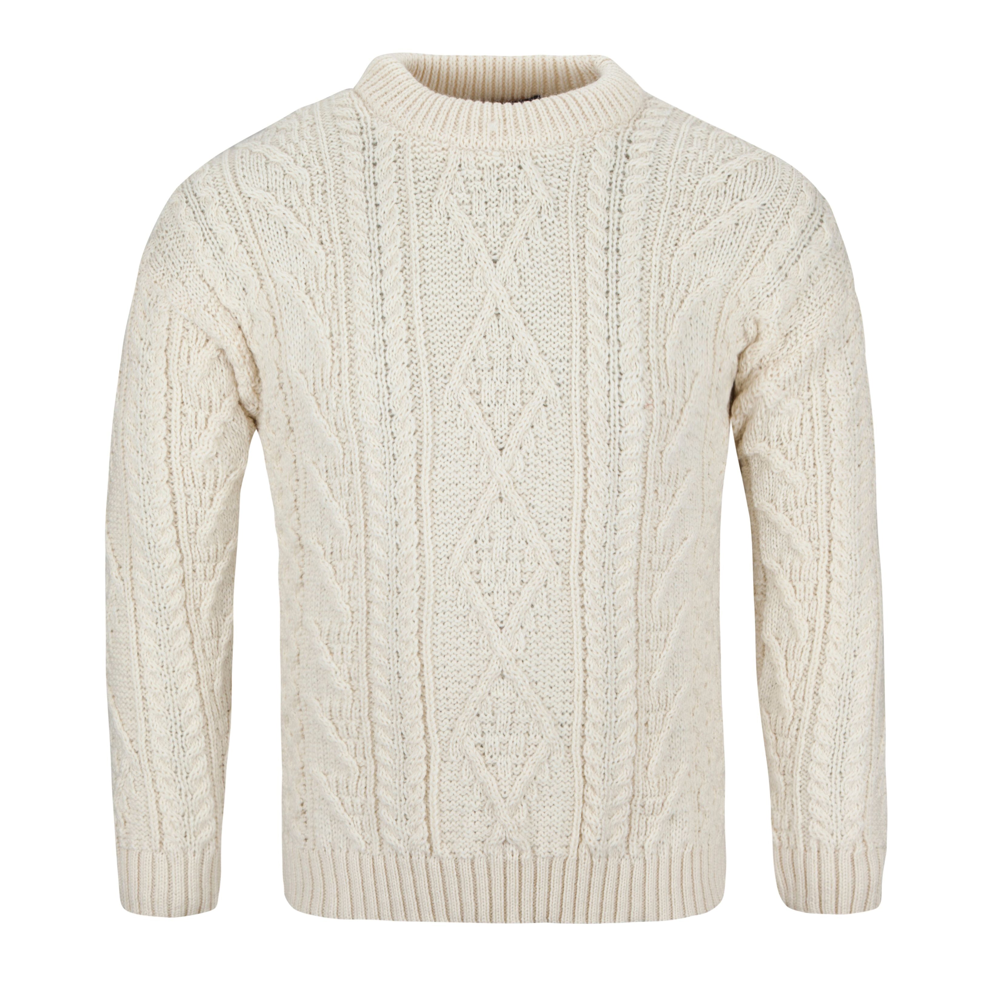 Men's Aran Knit Sweater - 100% British Wool Crew Neck Jumper in Ecru | Warm & Cozy Winter Pullover for Casual Wear & Outdoor Activities