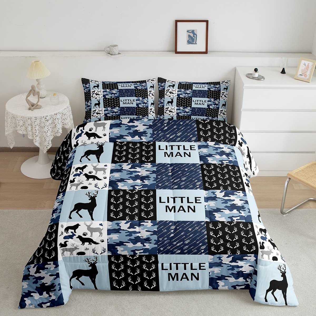 Manfei Camo Deer Antlers Comforter Set Twin - Geometric Checkered Patchwork Bedding 2pc Set for Kids, Teens & Adults - Boho Arrow Animal Print Quilt with Blue Christmas Duvet Insert + Pillowcase | Perfect for Bedroom Decor, Holiday Gift & Cozy Winter Nights