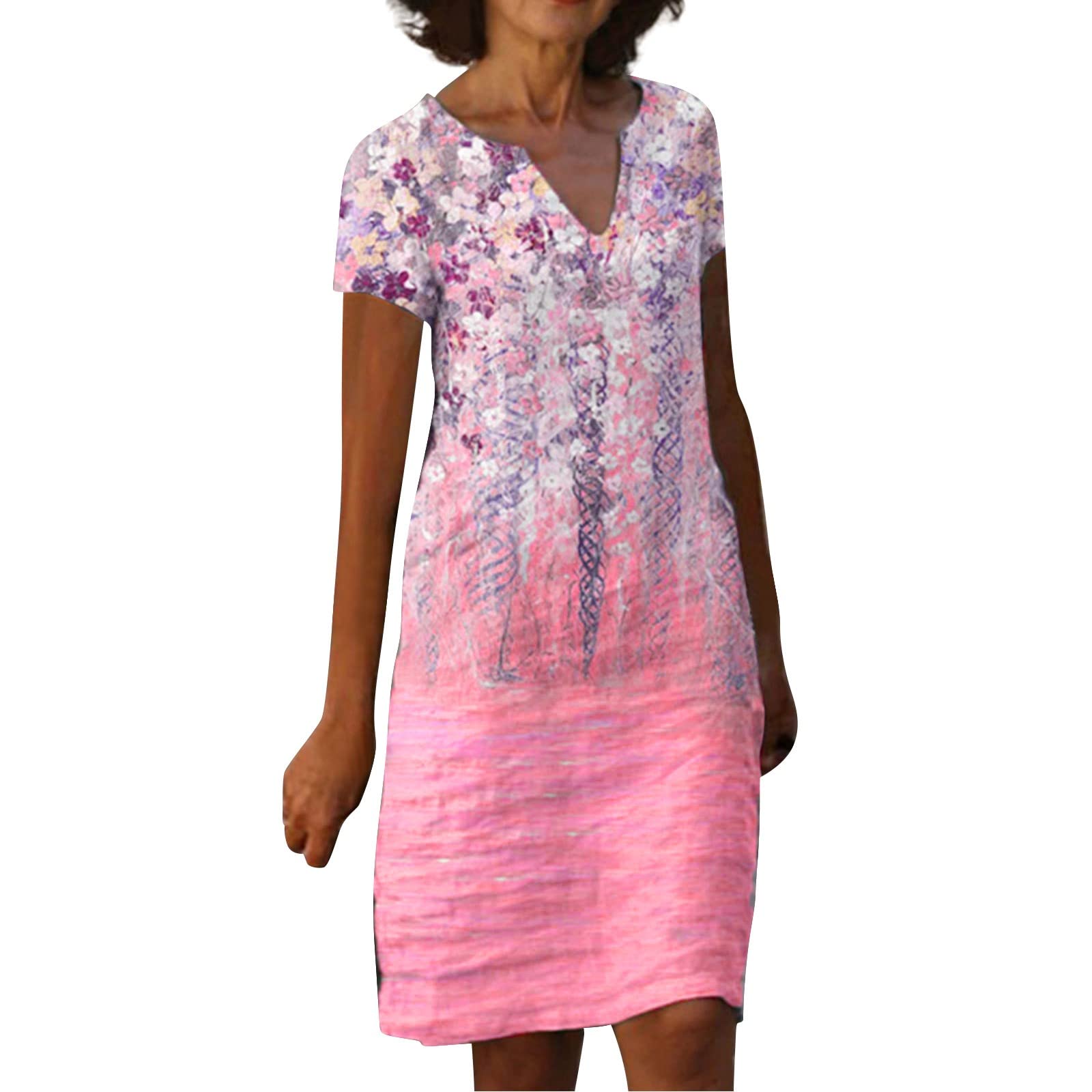 Women's Floral Printed V-Neck Half Sleeve Midi Dress - Sexy Knee Length Sundress & T-Shirt Dress for Summer, Beach, Date Night and Casual Wear