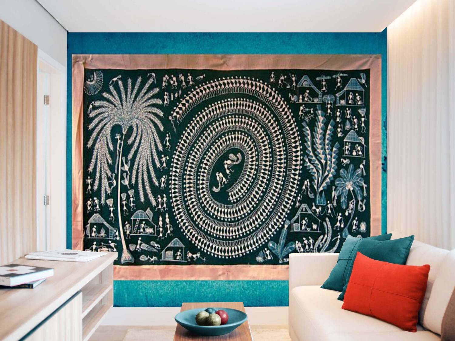 Warli Tribal Art PVC Peel and Stick Wallpaper - Removable Self-Adhesive Wall Mural for Living Room & Bedroom Decor | Primitive Painting Design | Easy DIY Home Wall Sticker for Renters & Homeowners