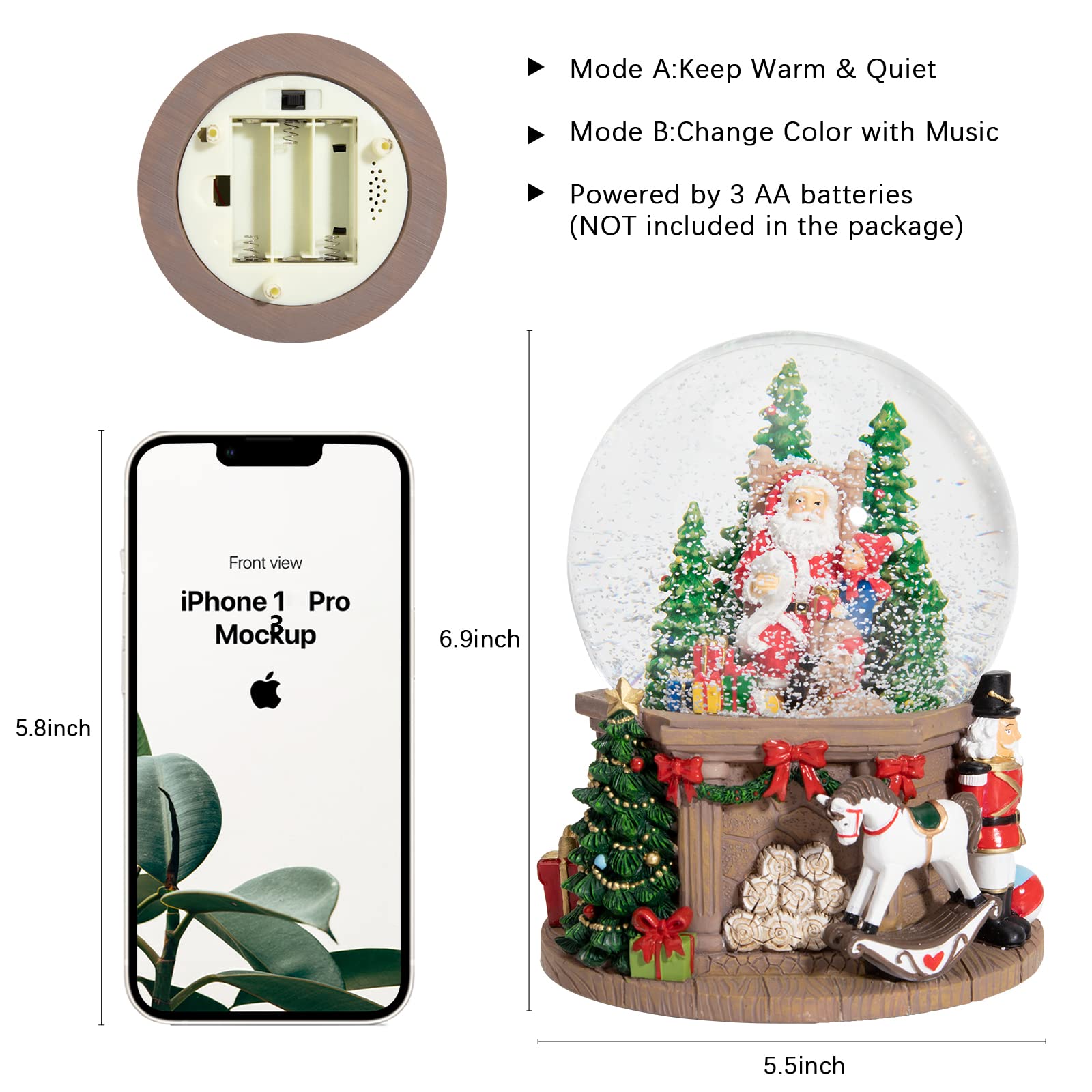 Taman Christmas Snow Globe with Santa, Gifts & White Horse - Musical Nutcracker with Swirling Glitter Snowflakes & LED Lights - Festive Tabletop Holiday Decor for Home, Office & Christmas Tree Display