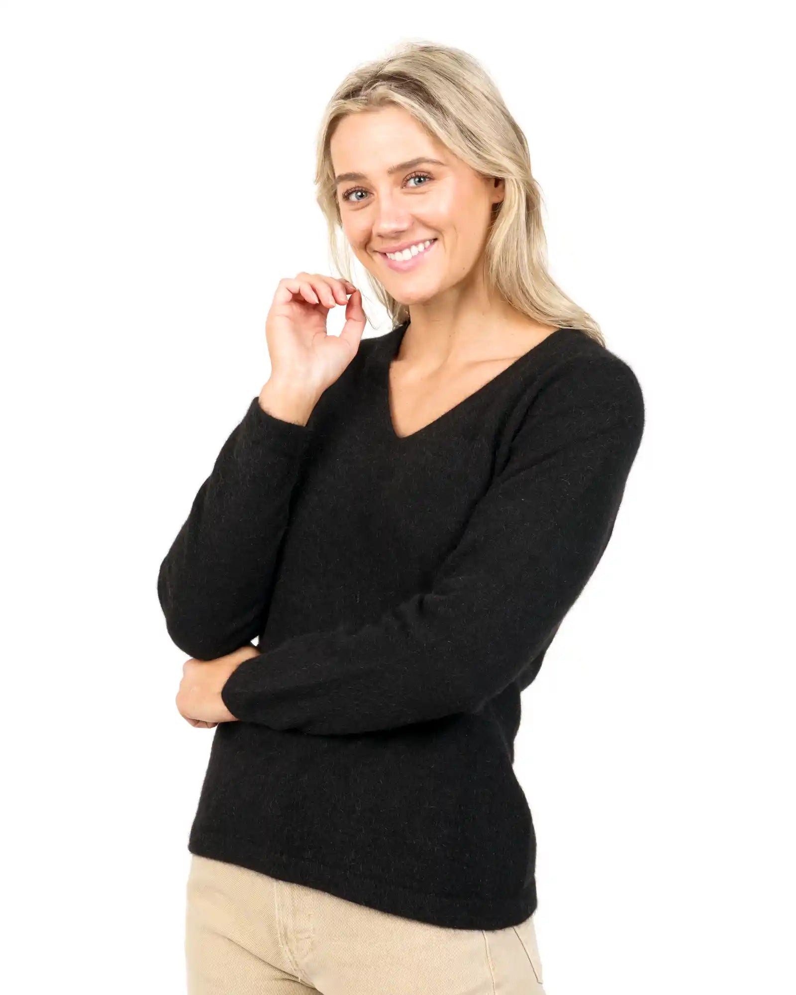 Black Women's V-Neck Merino Wool Sweater - Soft & Warm Winter Pullover for Casual Wear & Office Outfits | NB396