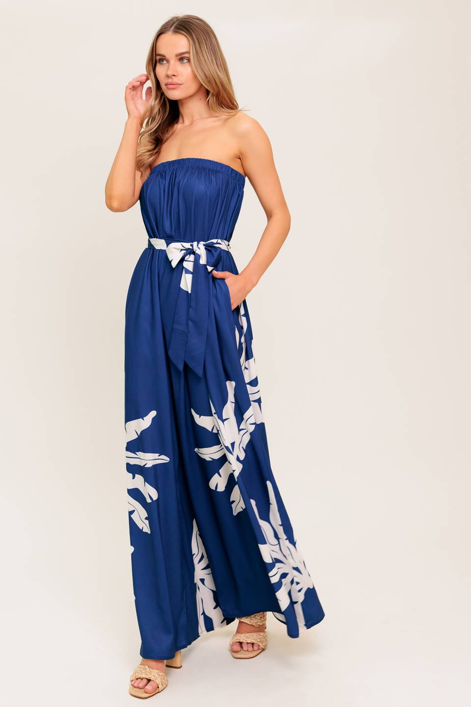 NOLANI Strapless Jumpsuit for Women - Navy & White Floral Print Romper, Summer Beachwear, Party Outfit, Vacation Dress