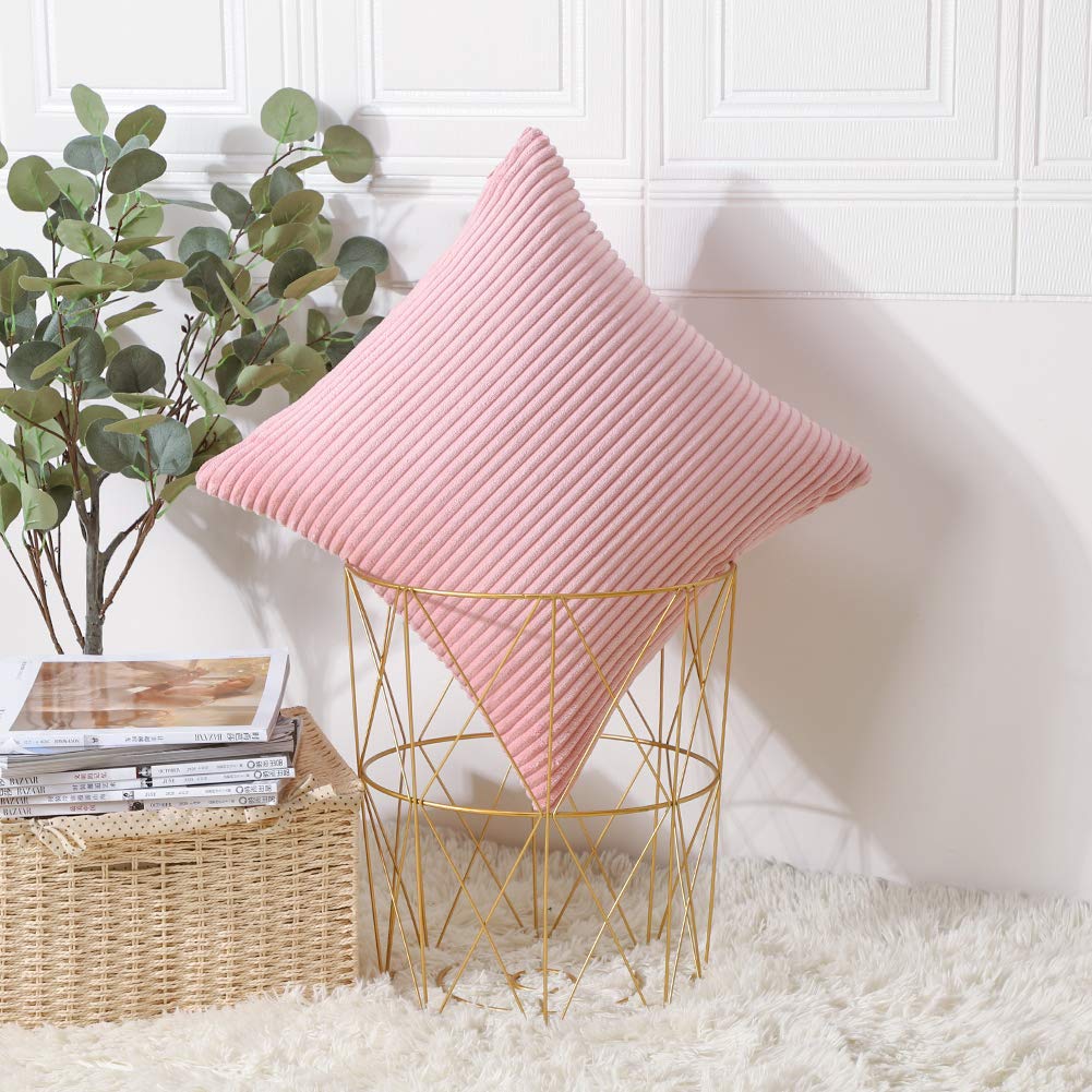 Artscope Cozy Striped Corduroy Pillow Covers 18x18 Inches - Super Soft Decorative Square Throw Pillow Cases for Sofa, Couch, Bedroom & Car - Pink Home Decor for Living Room, Nursery & Office