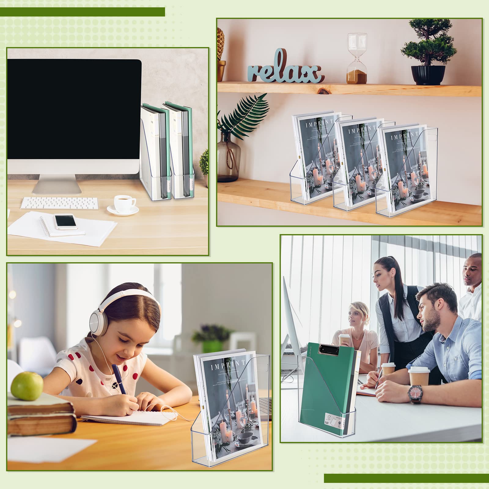 12-Pack Clear Acrylic Magazine File Holders with Handles - Vertical Desk Organizer for Documents, Folders & Supplies - Perfect for Home Office, School Study & Work Desktop Organization (Plastic Storage Rack)