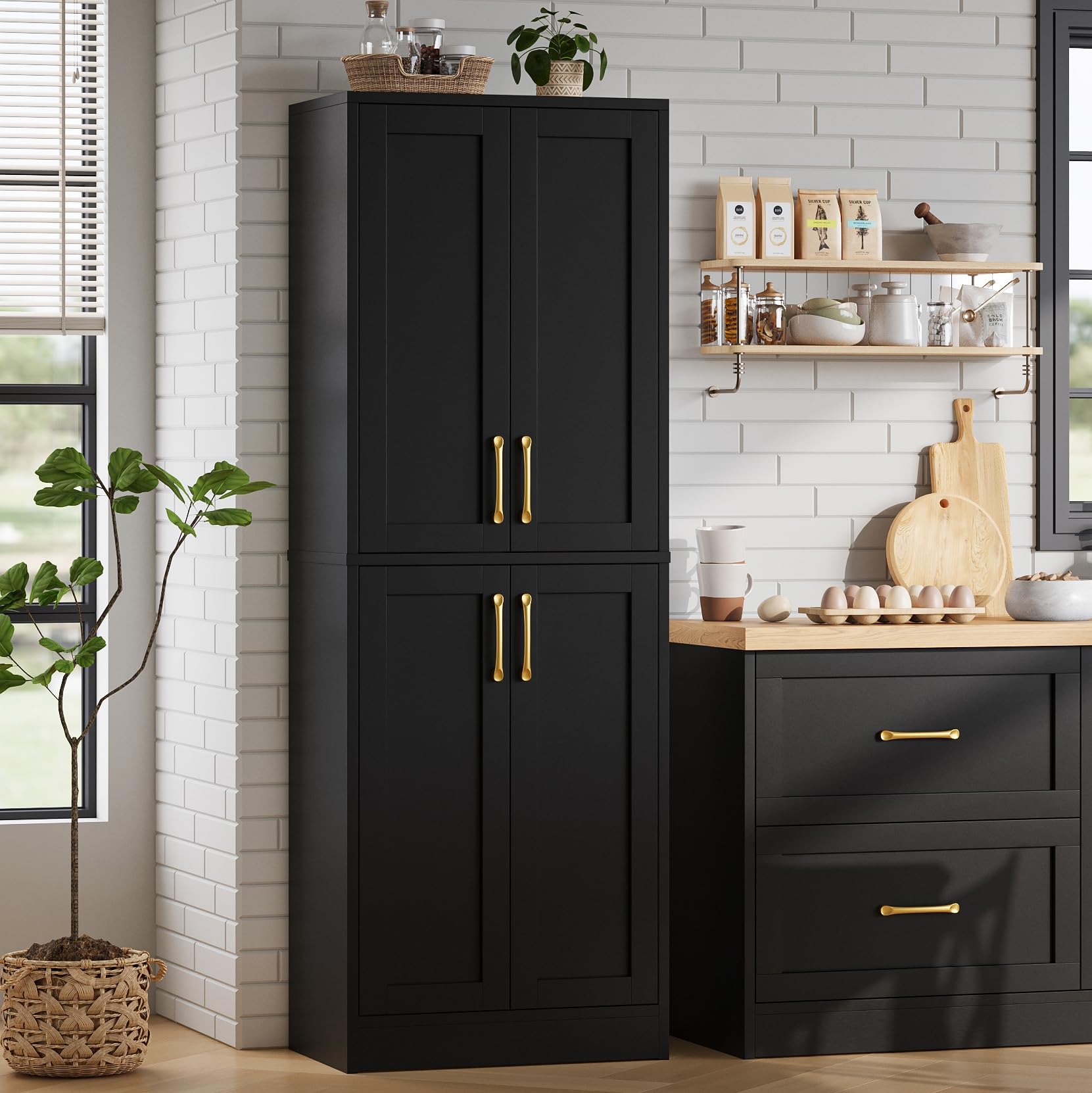 4-Door Adjustable Shelf Kitchen Pantry Cabinet - Freestanding Tall Black Storage Cupboard for Dining Room, Living Room, Laundry & Bathroom | Perfect for Home Organization, Spice Storage & Household Supplies