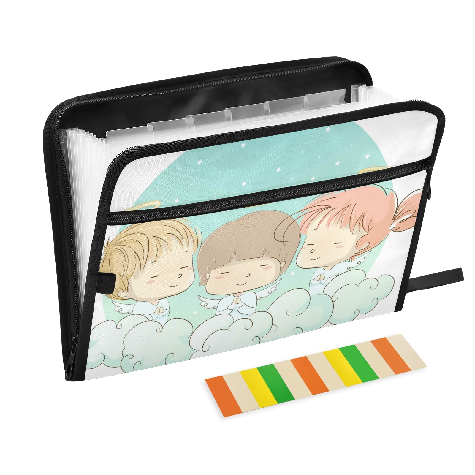 KFBE Angel Kids Expanding File Folder with Sticky Labels - 13 Pocket Accordion Organizer for A4/Legal Documents - Zippered Closure School & Office Supplies - Perfect for Homework, Art Projects & Important Papers