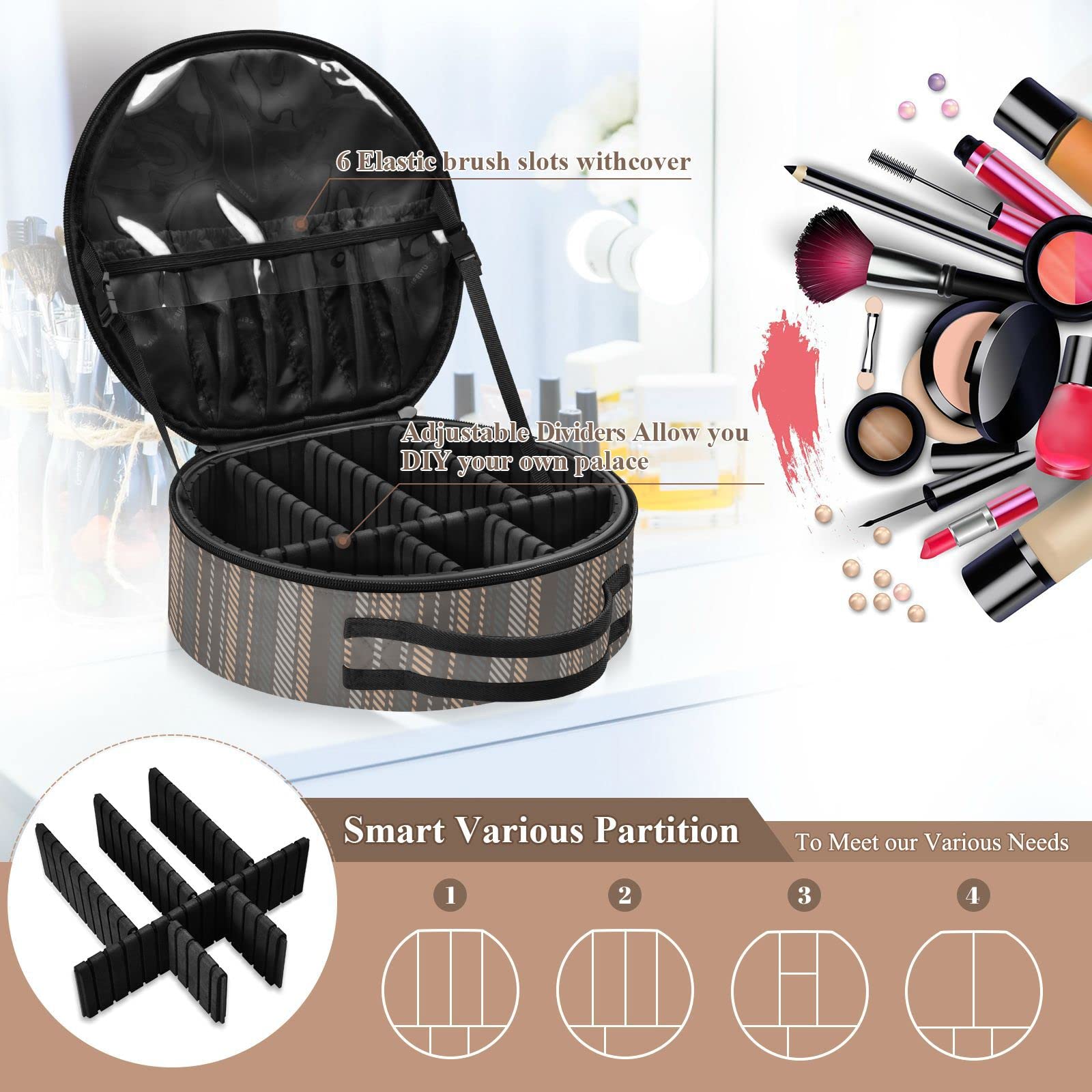 Linqin Travel Makeup Organizer for Women - Portable Cosmetic Bag with Adjustable Dividers, Toiletry Pouch for Jewelry & Brushes (Brown Striped, One Size) - Perfect for Vacation, Business Trips & Daily Use