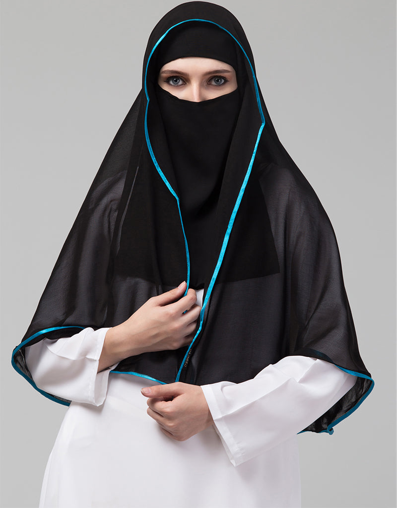 Black with Aqua Blue Polyester Georgette Head Scarf - Lightweight Muslim Hijab for Women - Perfect for Daily Wear, Prayer & Special Occasions