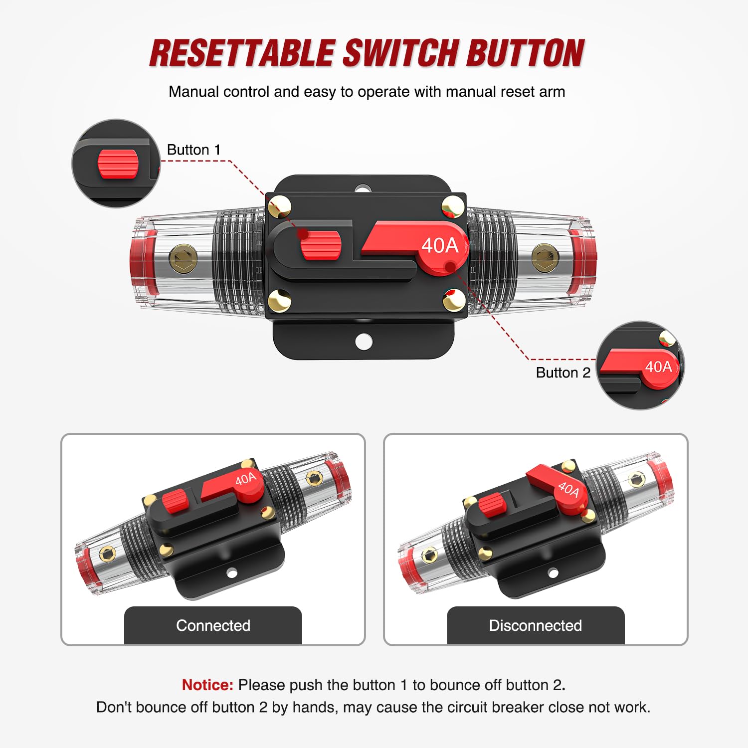 40A Circuit Breaker Reset Fuse Holder - Waterproof Automotive Circuit Protection for RV, Boat, Truck & Marine Electrical Systems