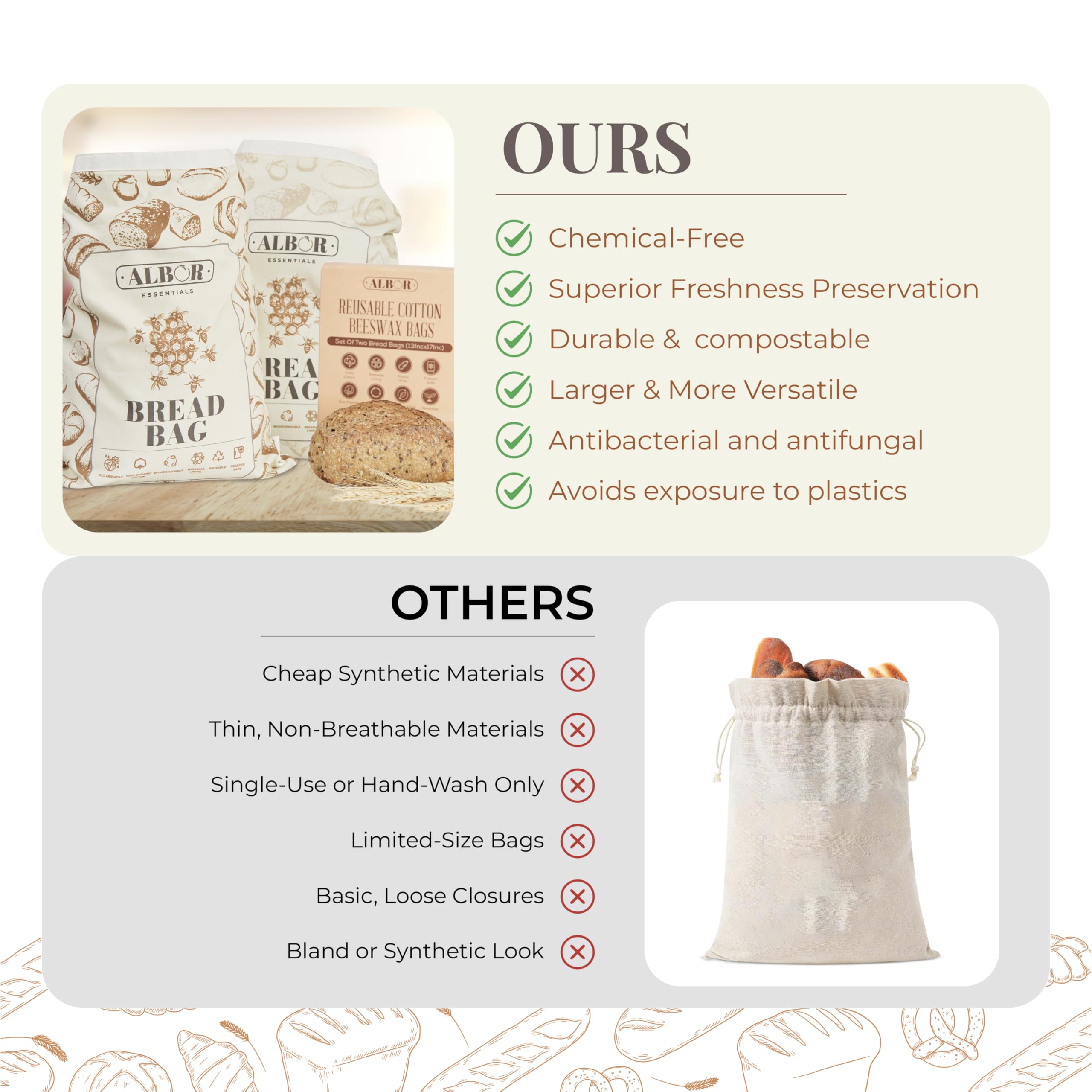 2 Pack Reusable Cotton Beeswax Bread Bags for Homemade Sourdough Storage - XL Eco-Friendly Food Wraps for Bread, Baguettes & Pastries - Perfect for Baking, Picnics & Zero Waste Kitchens